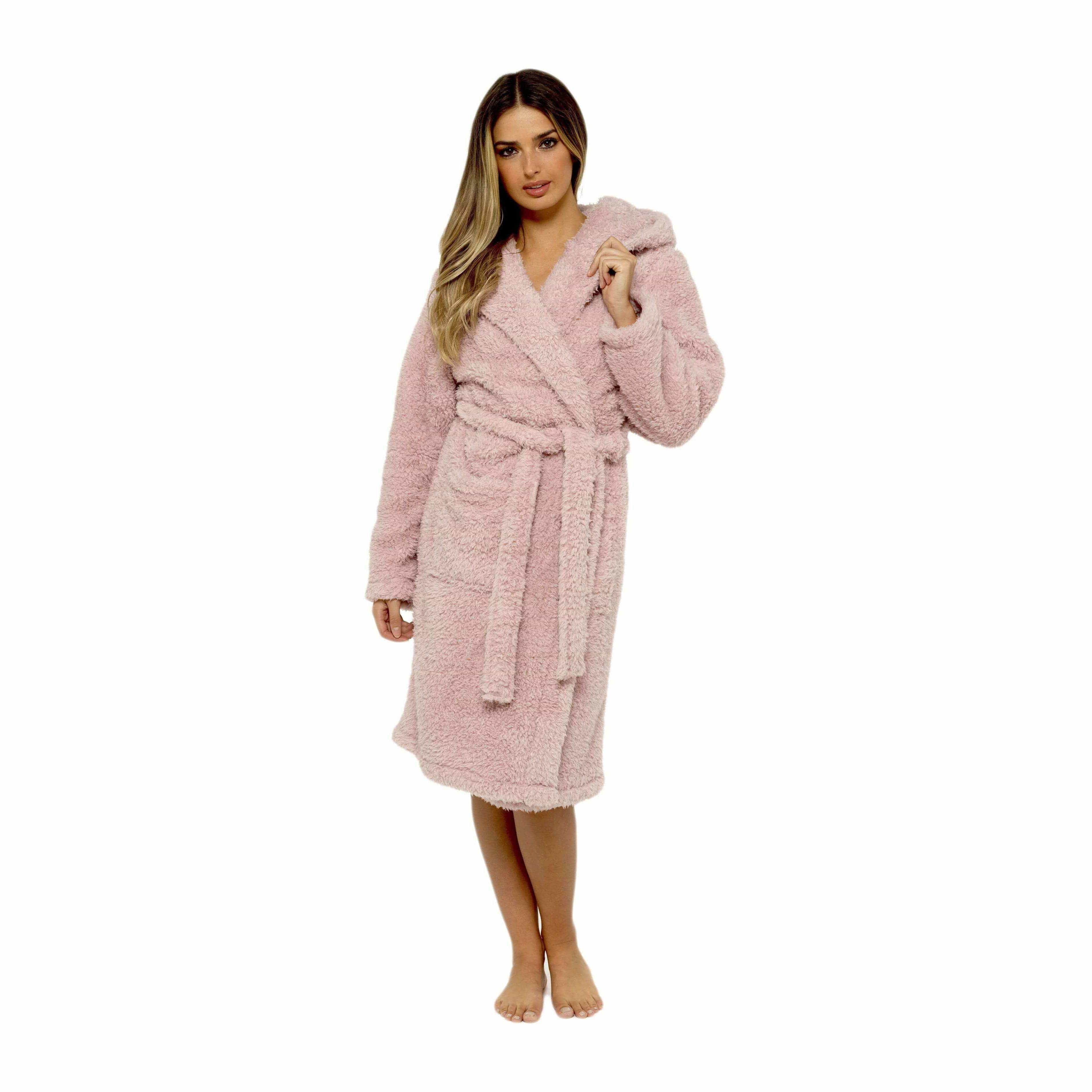 Daisy Dreamer Womens Dusky Pink Teddy Fleece Hooded Robe Bathrobe Ultra Soft Cosy Winter
