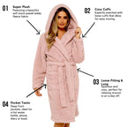 Daisy Dreamer Womens Dusky Pink Teddy Fleece Hooded Robe Bathrobe Ultra Soft Cosy Winter