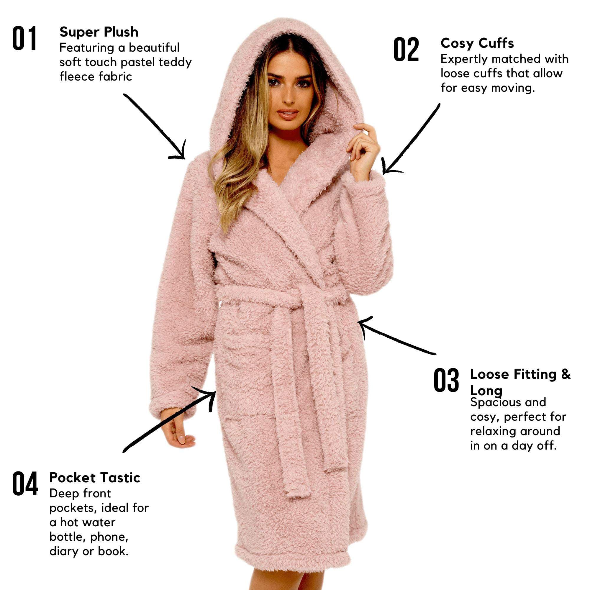 Daisy Dreamer Womens Dusky Pink Teddy Fleece Hooded Robe Bathrobe Ultra Soft Cosy Winter
