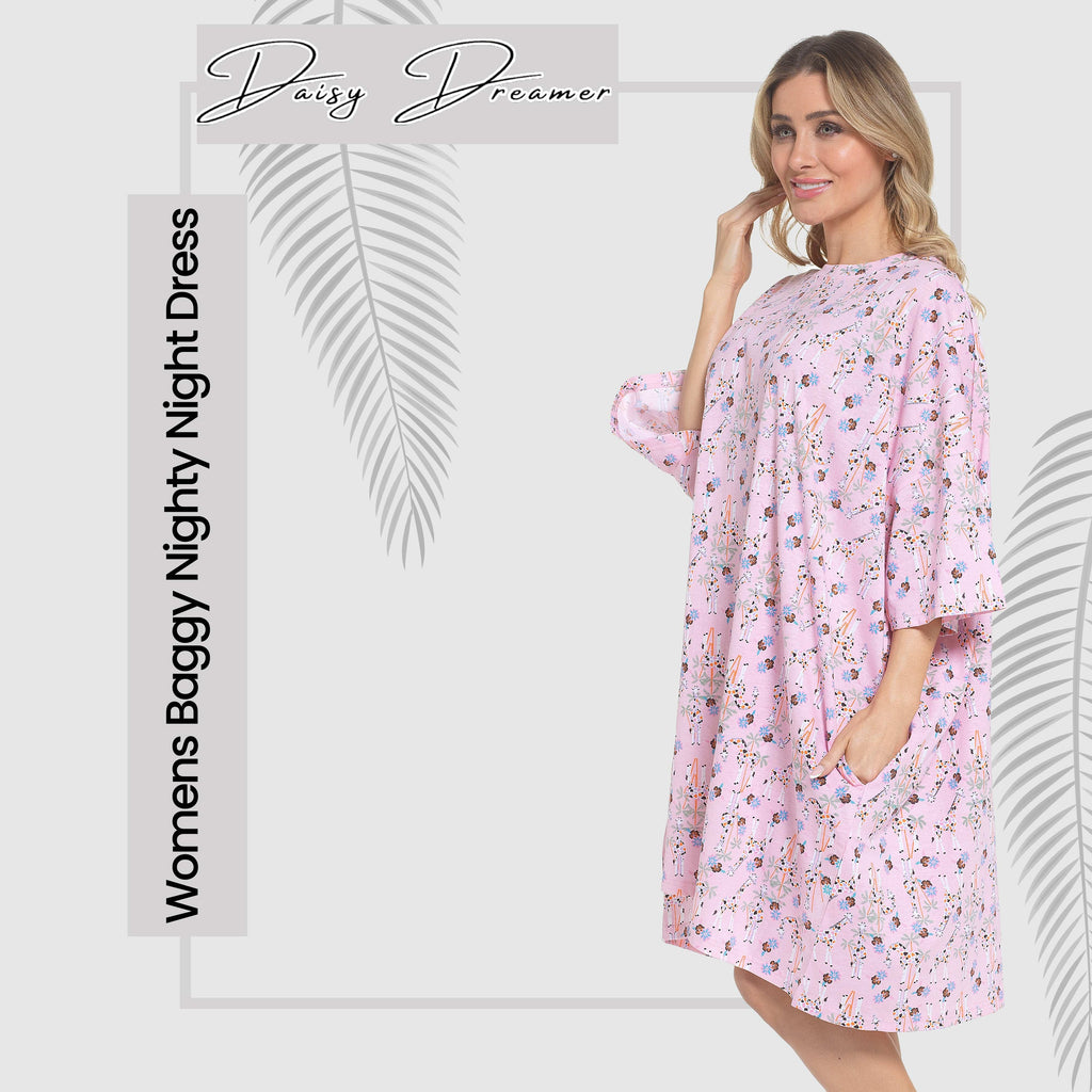 Daisy Dreamer Women Giraffe Print Nighty Dress Baggy Oversized 100% Cotton Short Sleeved