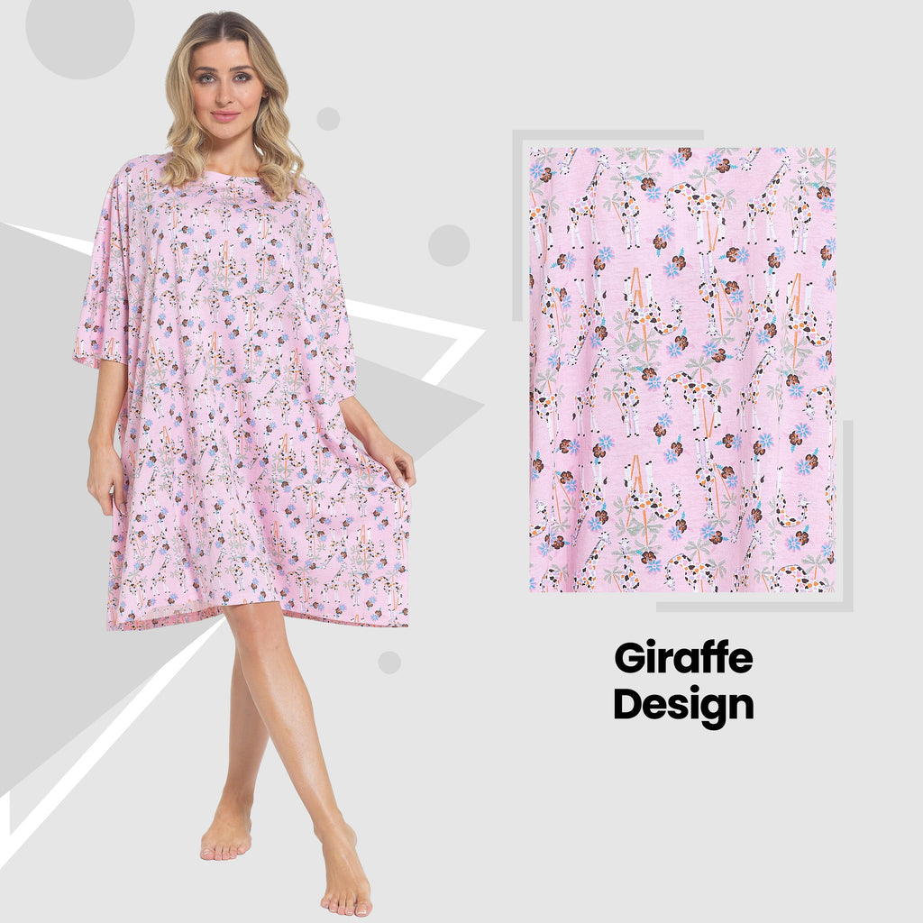Daisy Dreamer Women Giraffe Print Nighty Dress Baggy Oversized 100% Cotton Short Sleeved