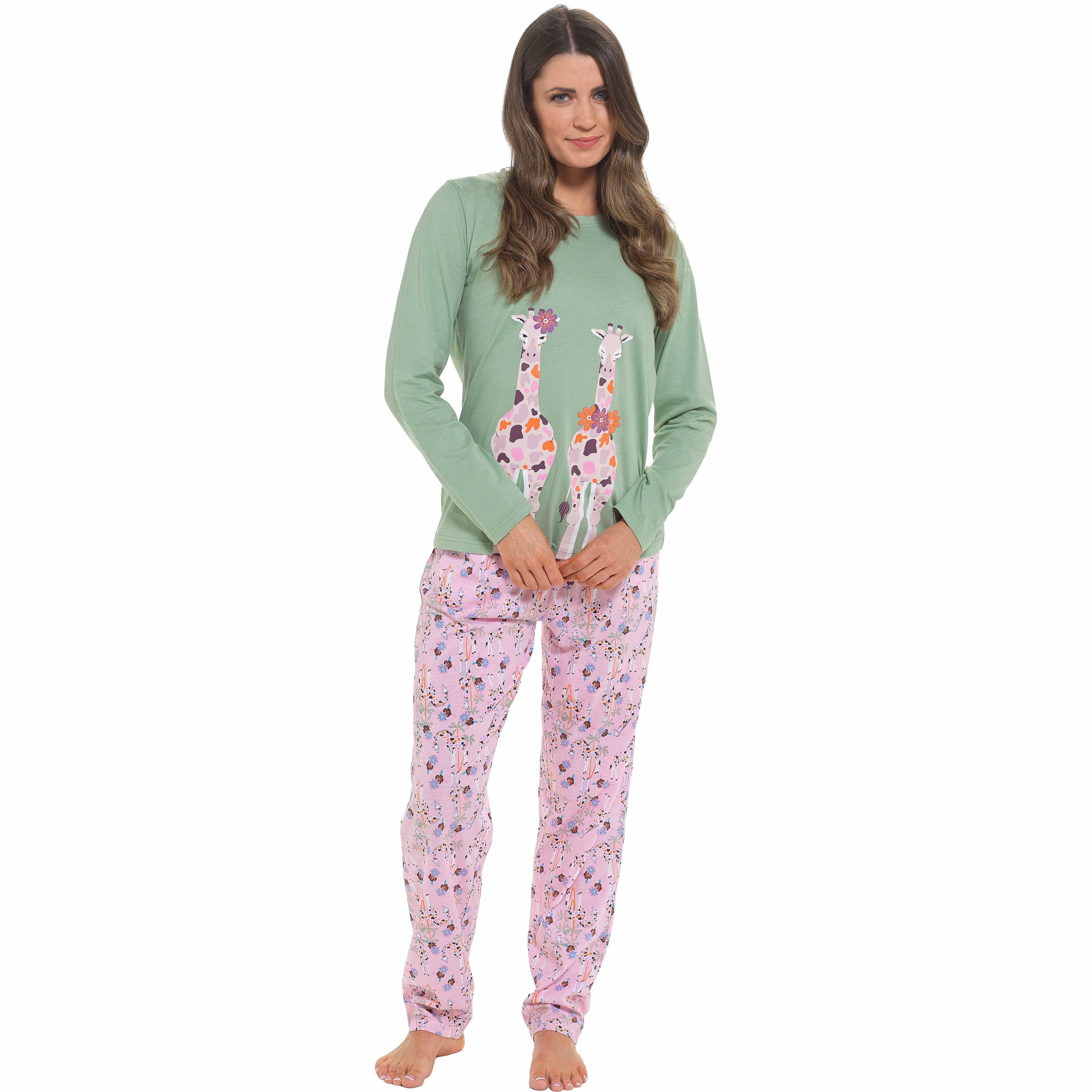 OLIVIA ROCCO Women's Giraffe Print Cotton Jersey Long Sleeve Pyjama Set Soft Sleepwear Loungewear For Summer Holidays Cozy