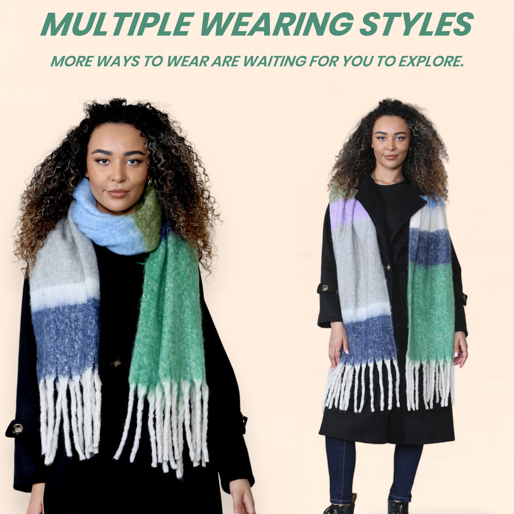 Daisy Dreamer Women's Green Blue Chunky Knit Plaid Blanket Scarf Long Winter Wrap
