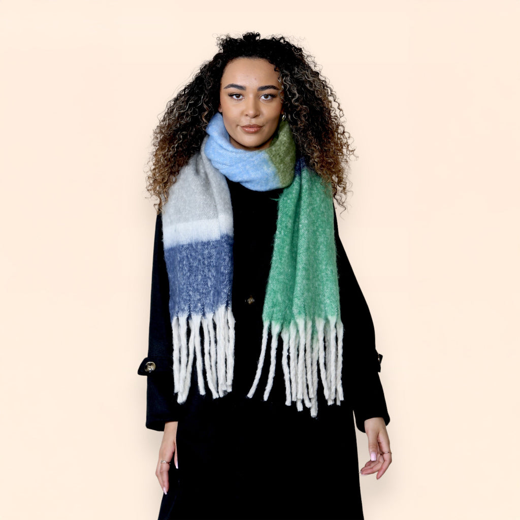 Daisy Dreamer Women's Green Blue Chunky Knit Plaid Blanket Scarf Long Winter Wrap