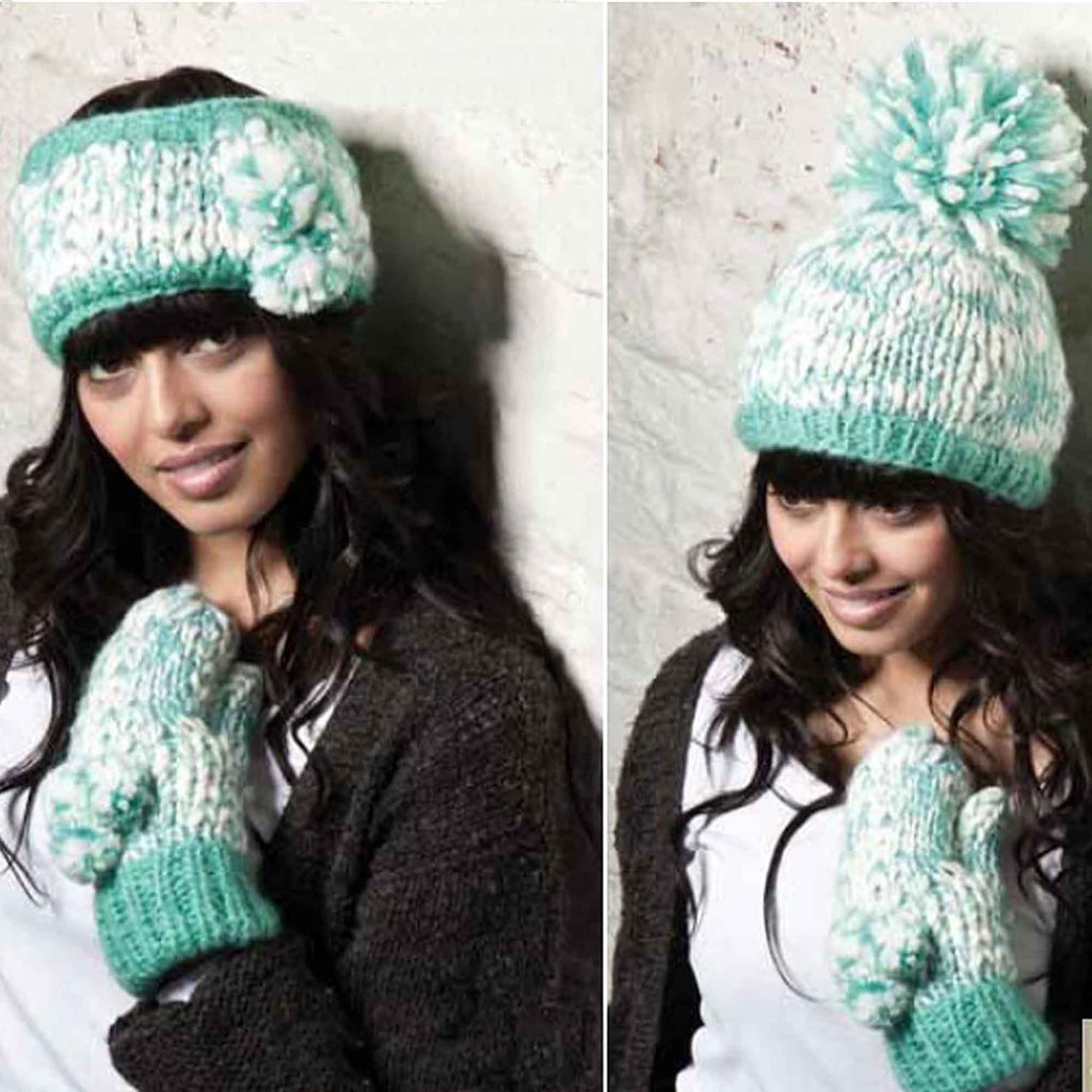Sock Stack Women's Hand Knitted Daisy Pattern Winter Hat Headband Mittens Set In Red Breathable Cotton Rich Everyday Pack