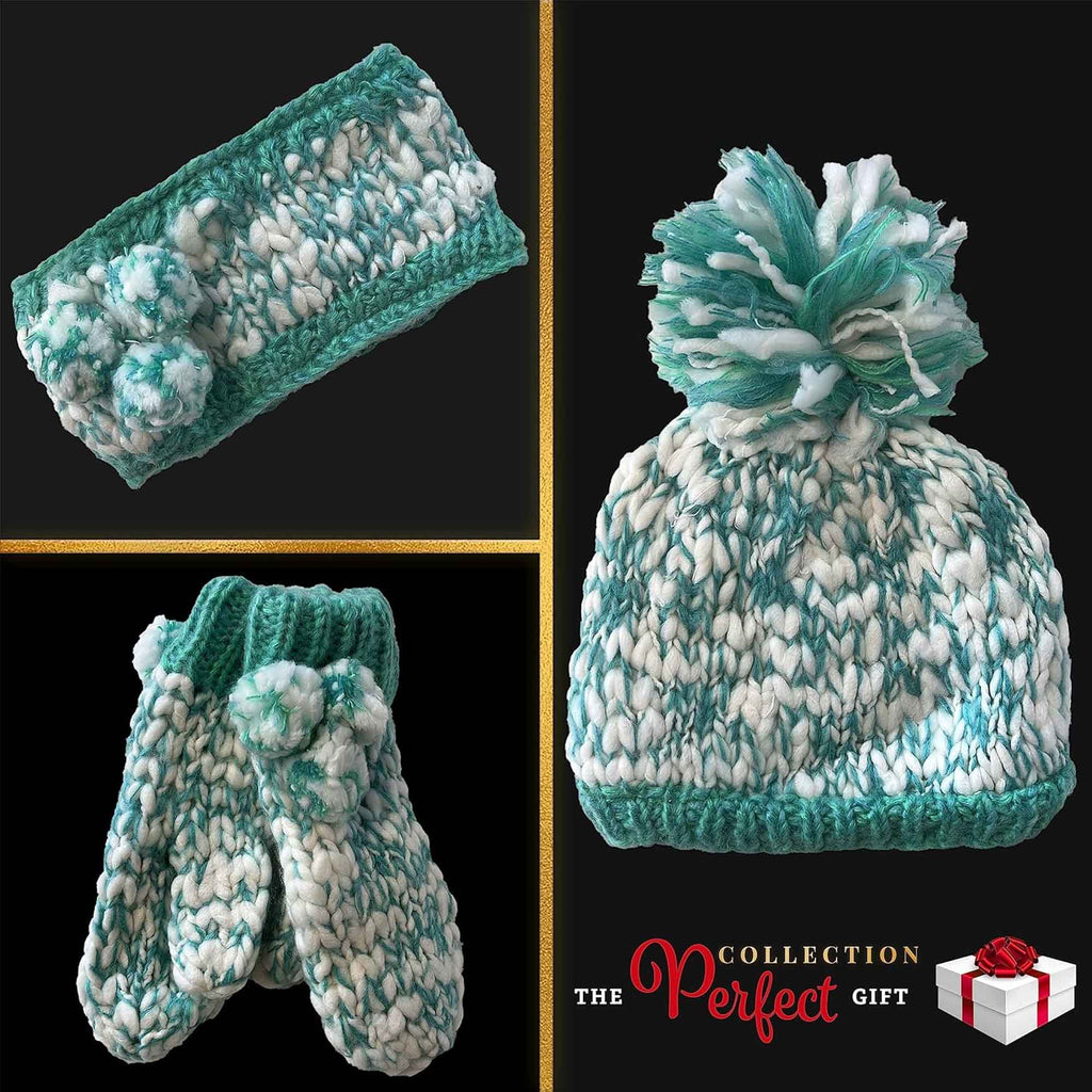 Sock Stack Women's Hand Knitted Daisy Pattern Winter Hat Headband Mittens Set In Red Breathable Cotton Rich Everyday Pack