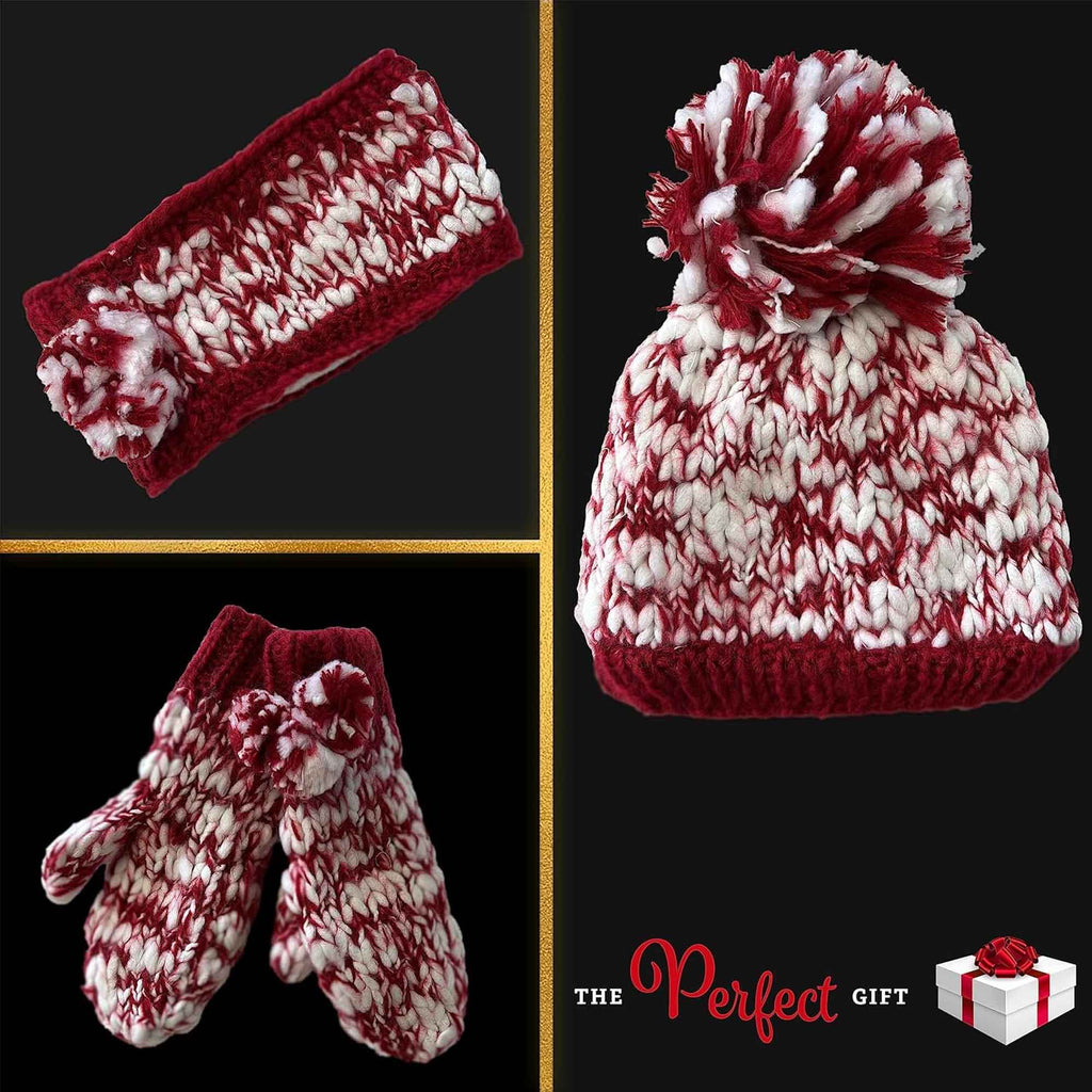Sock Stack Women's Hand Knitted Daisy Pattern Winter Hat Headband Mittens Set In Red Breathable Cotton Rich Everyday Pack