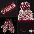 Sock Stack Women's Hand Knitted Daisy Pattern Winter Hat Headband Mittens Set In Red Breathable Cotton Rich Everyday Pack