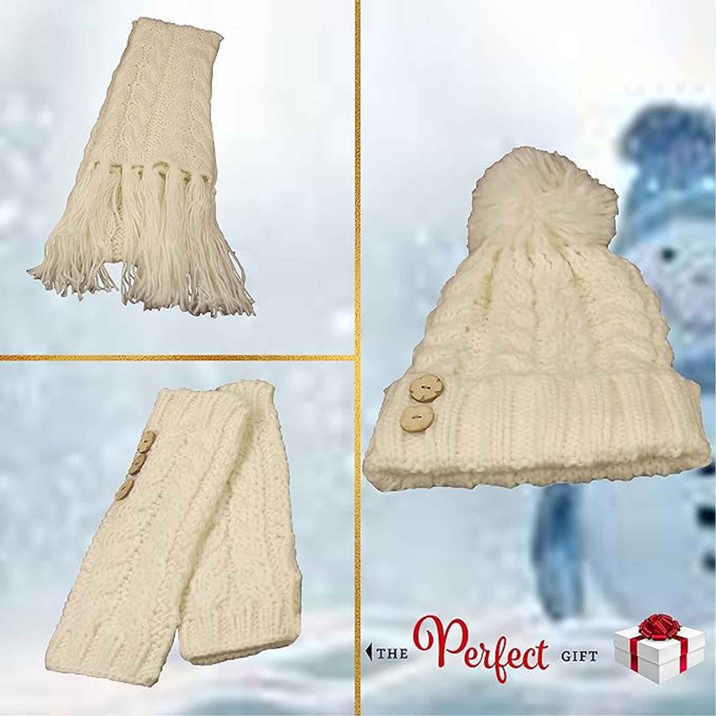 Sock Stack Women's Hand-Knitted Winter Hat Scarf And Hand Warmer Set With Inga Button