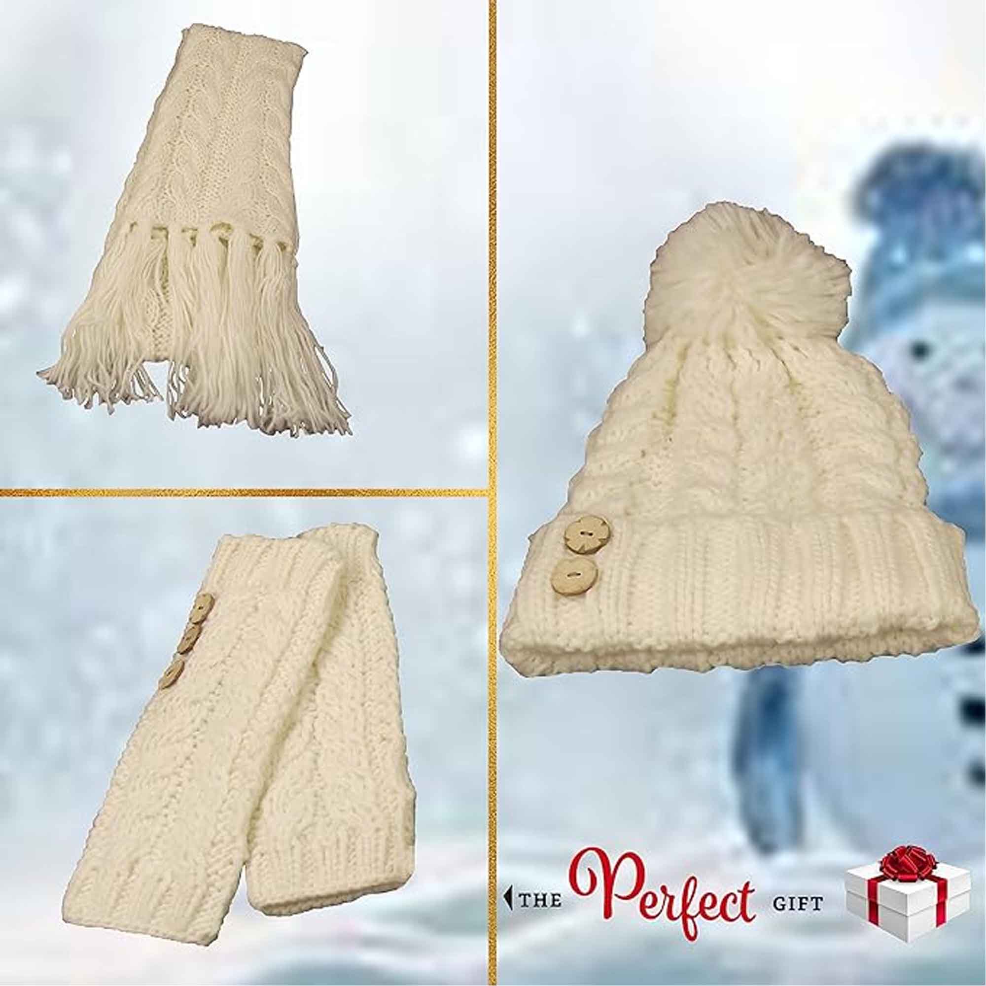 Sock Stack Women's Hand-Knitted Winter Hat Scarf And Hand Warmer Set With Inga Button
