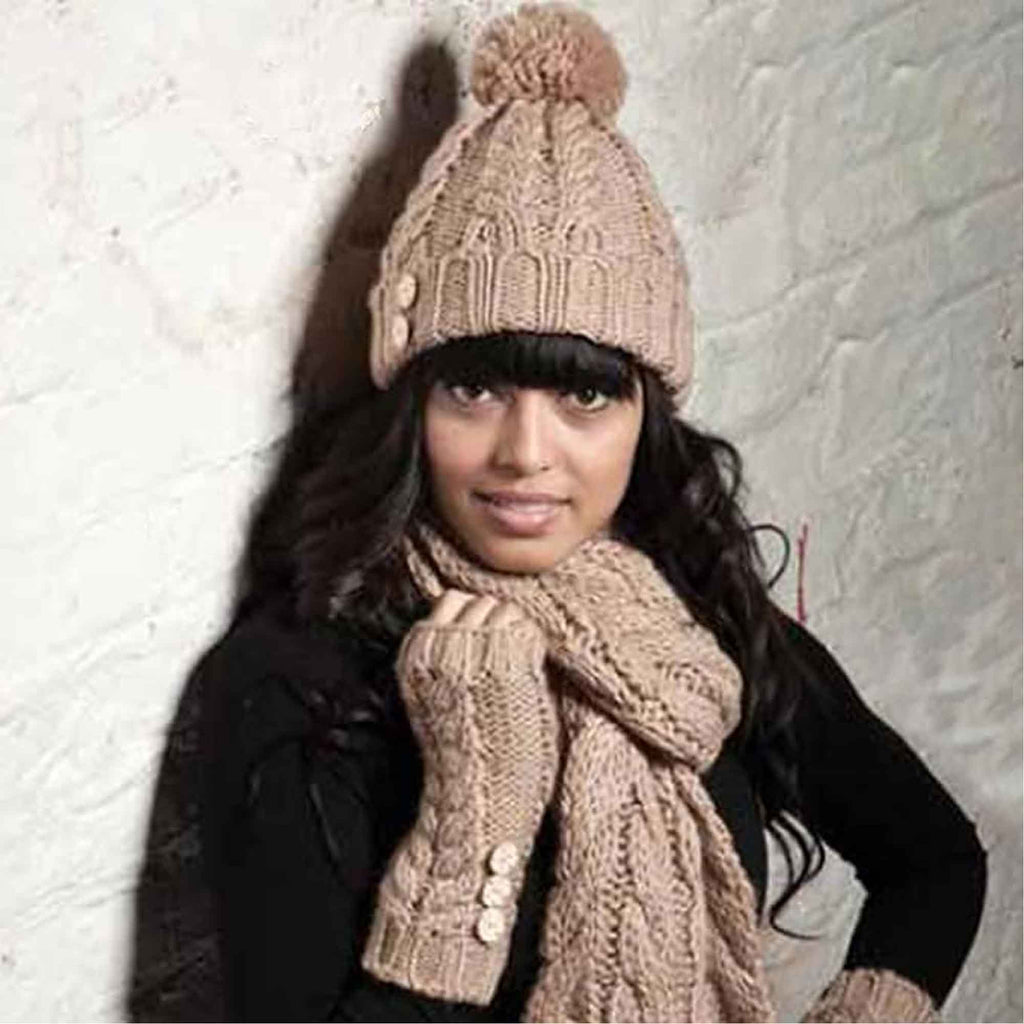 Sock Stack Women's Hand-Knitted Winter Hat Scarf And Hand Warmer Set With Inga Button