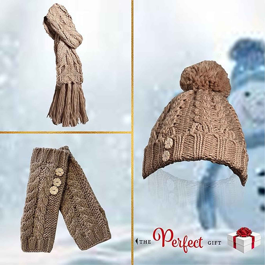 Sock Stack Women's Hand-Knitted Winter Hat Scarf And Hand Warmer Set With Inga Button