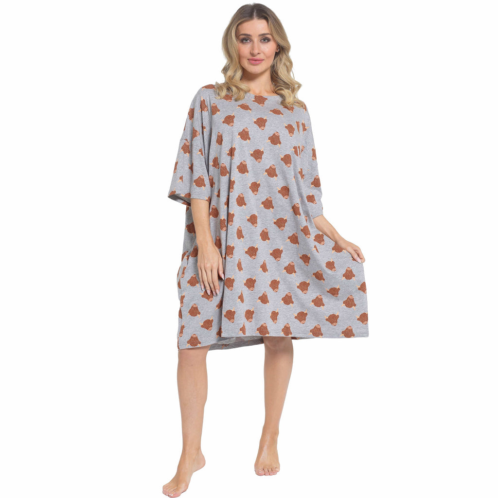 Daisy Dreamer Womens Nightdress Cream Highland Cow 100% Cotton Soft Baggy Oversized Nightshirt