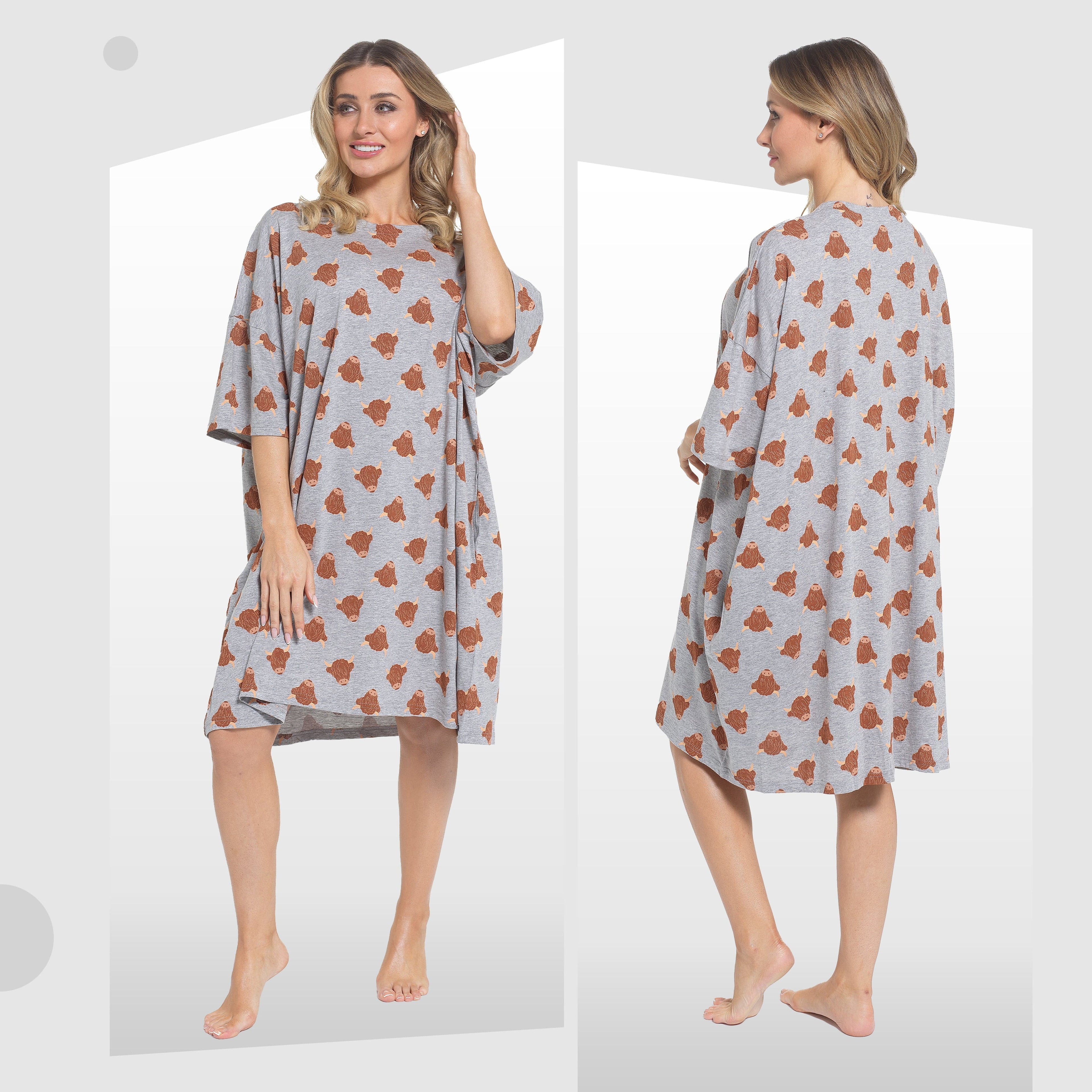 Daisy Dreamer Womens Nightdress Cream Highland Cow 100% Cotton Soft Baggy Oversized Nightshirt