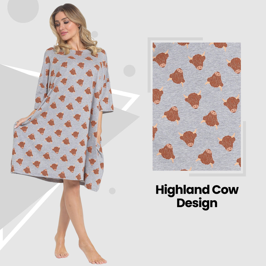 Daisy Dreamer Womens Nightdress Cream Highland Cow 100% Cotton Soft Baggy Oversized Nightshirt