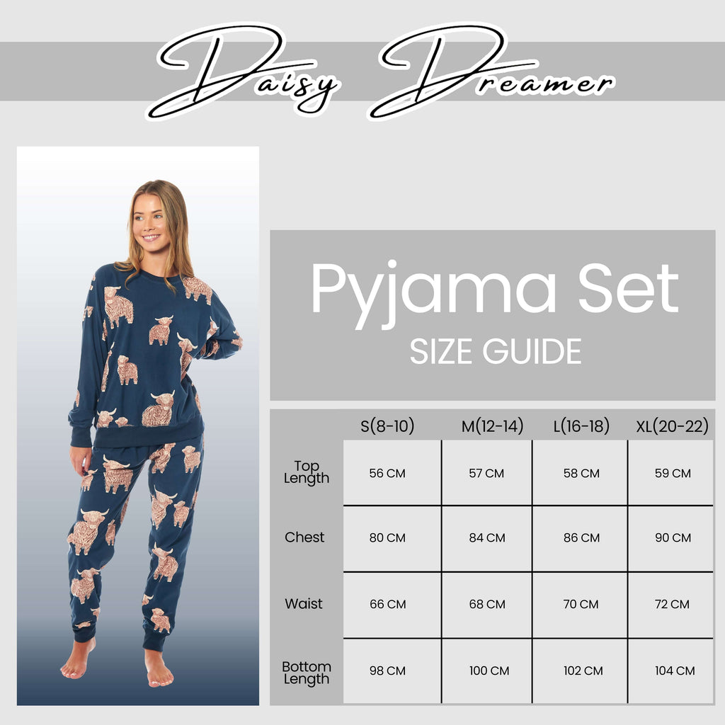 Daisy Dreamer Womens Soft Fleece Pyjama Set With Long Sleeve Highland Cow Print Sleepwear