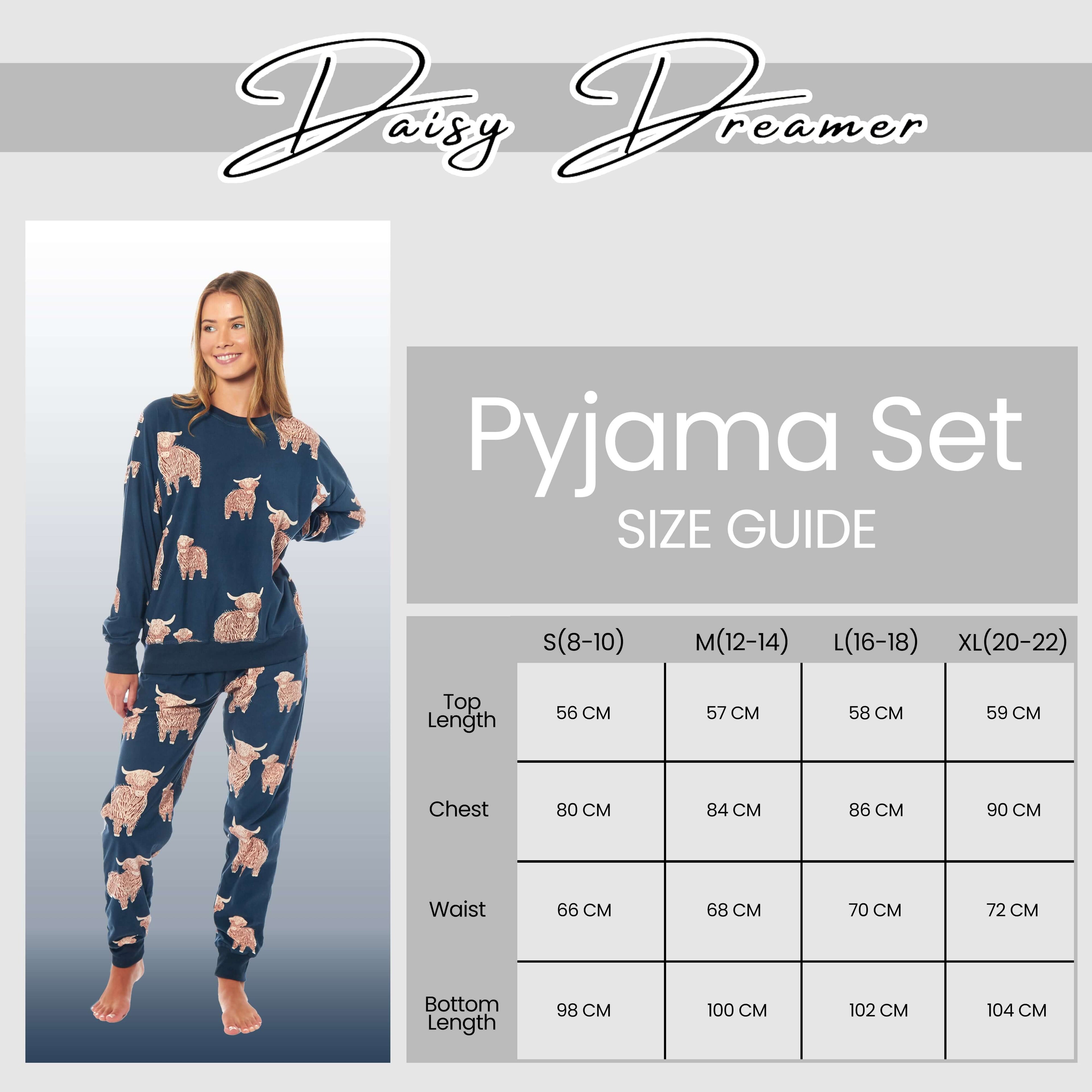 Daisy Dreamer Womens Soft Fleece Pyjama Set With Long Sleeve Highland Cow Print Sleepwear