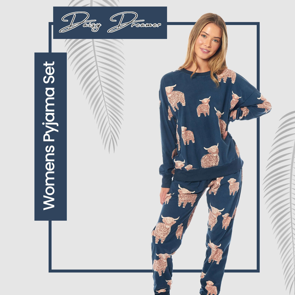 Daisy Dreamer Womens Soft Fleece Pyjama Set With Long Sleeve Highland Cow Print Sleepwear