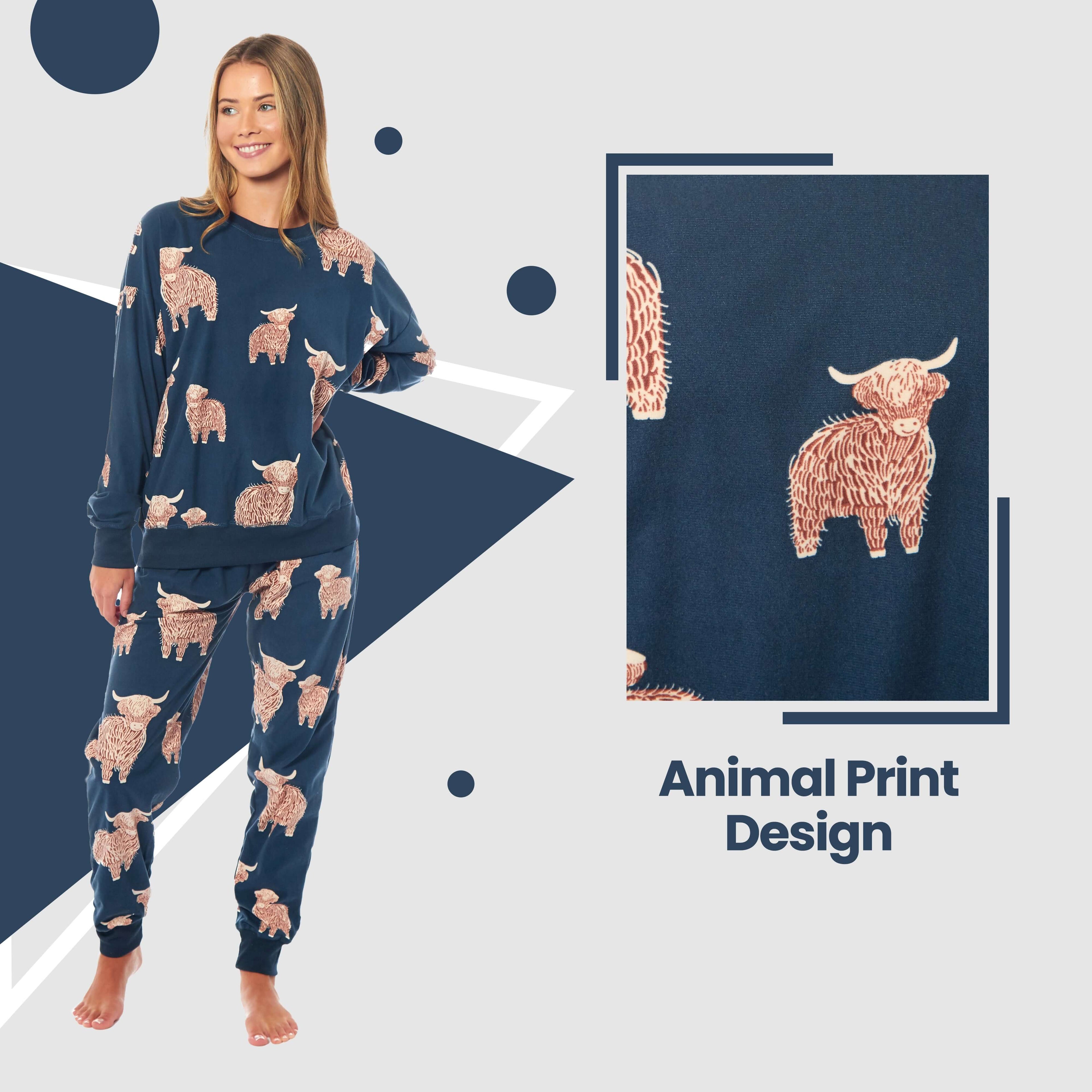 Daisy Dreamer Womens Soft Fleece Pyjama Set With Long Sleeve Highland Cow Print Sleepwear