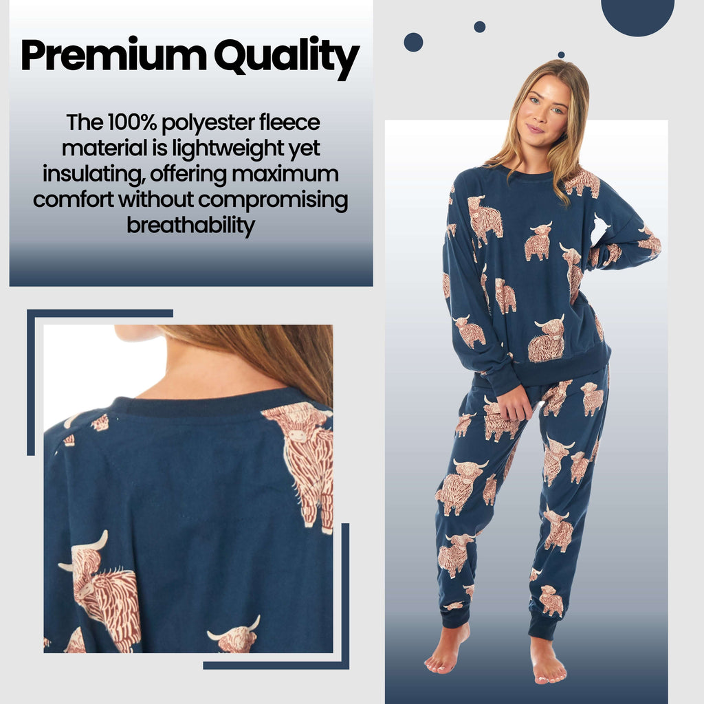Daisy Dreamer Womens Soft Fleece Pyjama Set With Long Sleeve Highland Cow Print Sleepwear
