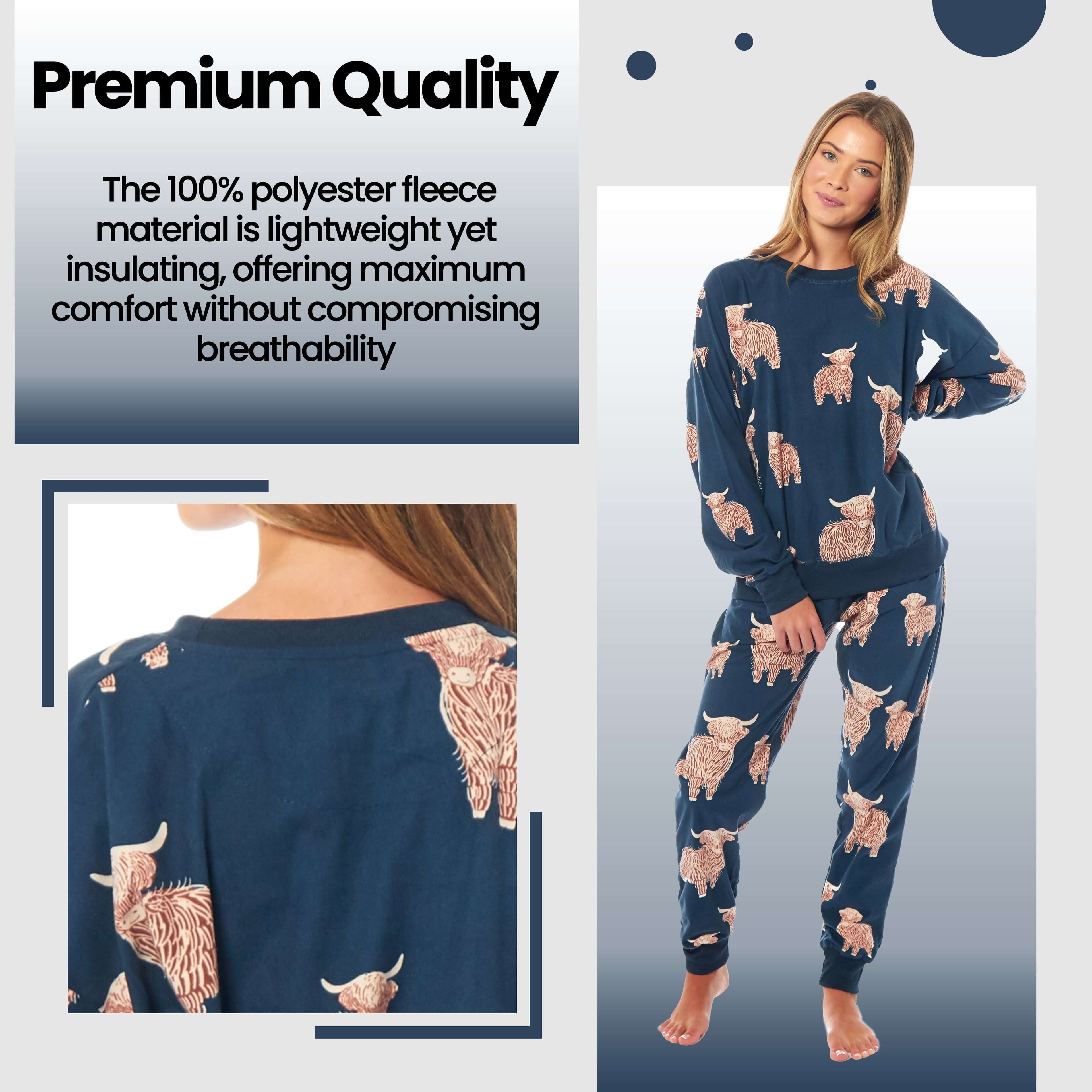 Daisy Dreamer Womens Soft Fleece Pyjama Set With Long Sleeve Highland Cow Print Sleepwear