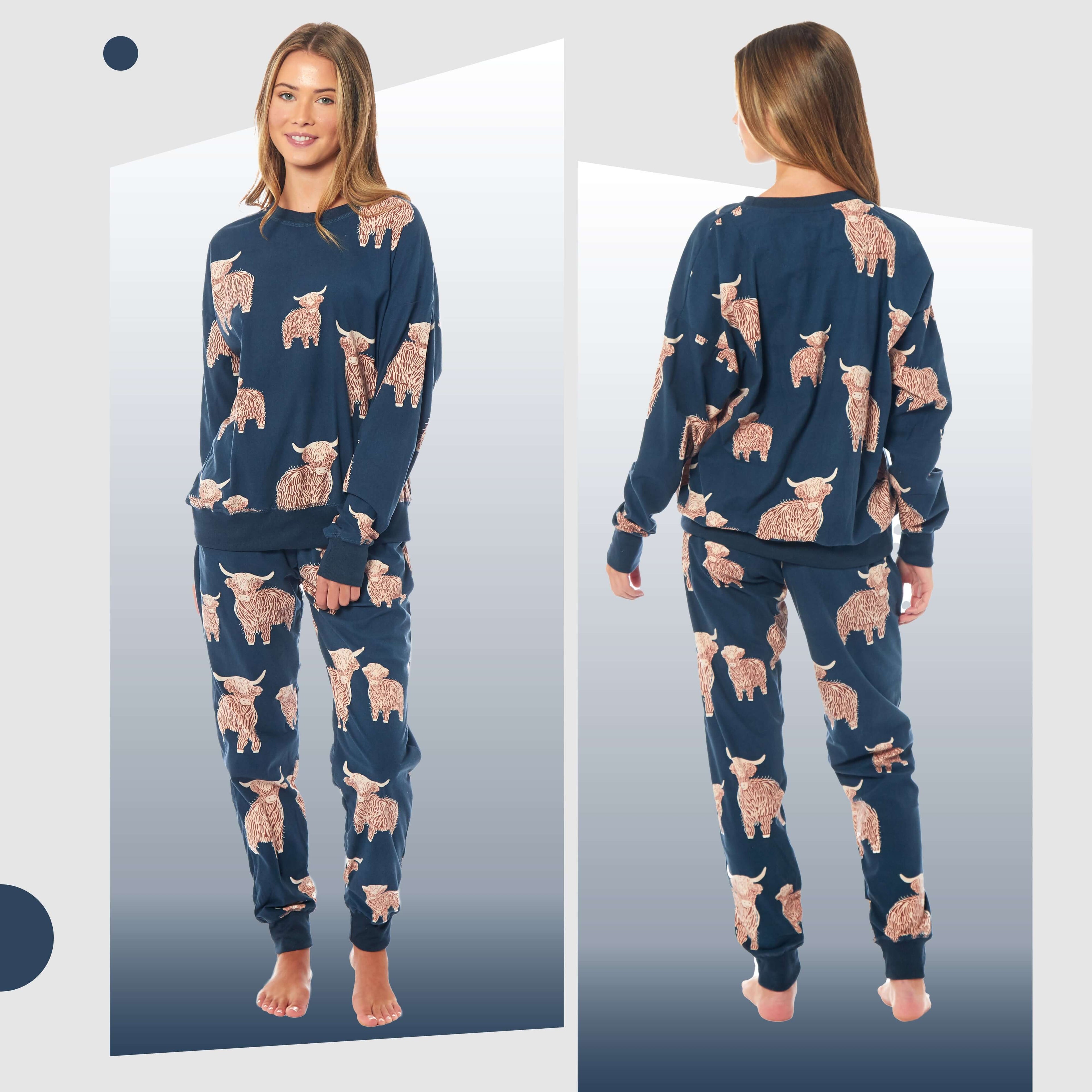Daisy Dreamer Womens Soft Fleece Pyjama Set With Long Sleeve Highland Cow Print Sleepwear