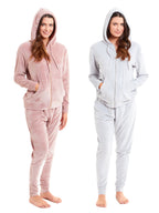 OLIVIA ROCCO Womens Hooded Velour Lounge Set With Zipped Top And Elasticated Waistband Soft Stretchable Nightwear UK Sizes 8-22