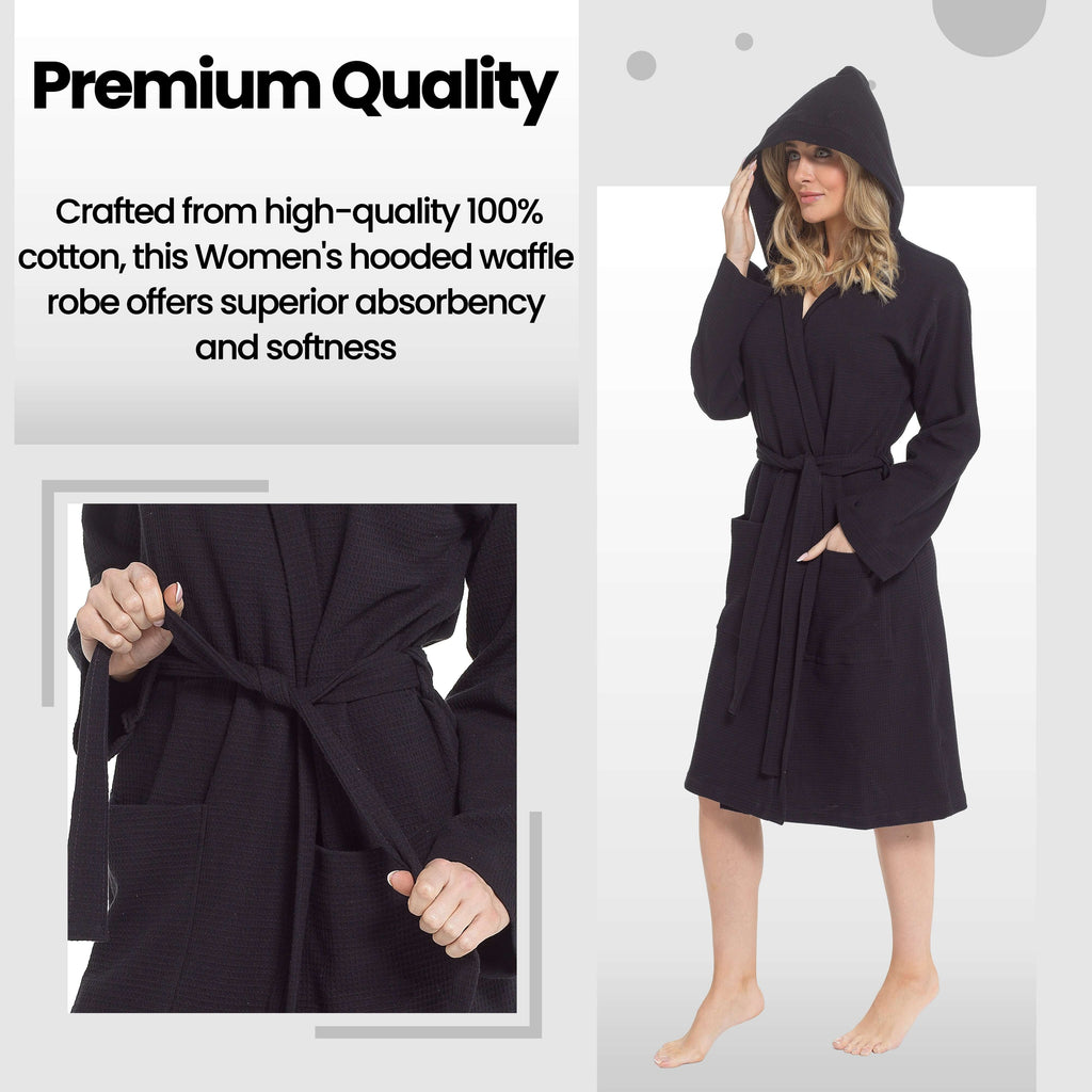 Daisy Dreamer Women's Hooded Waffle Cotton Bathrobe Black 100% Cotton Super Absorbent Spa
