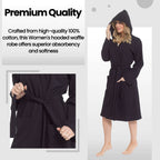 Daisy Dreamer Women's Hooded Waffle Cotton Bathrobe Black 100% Cotton Super Absorbent Spa