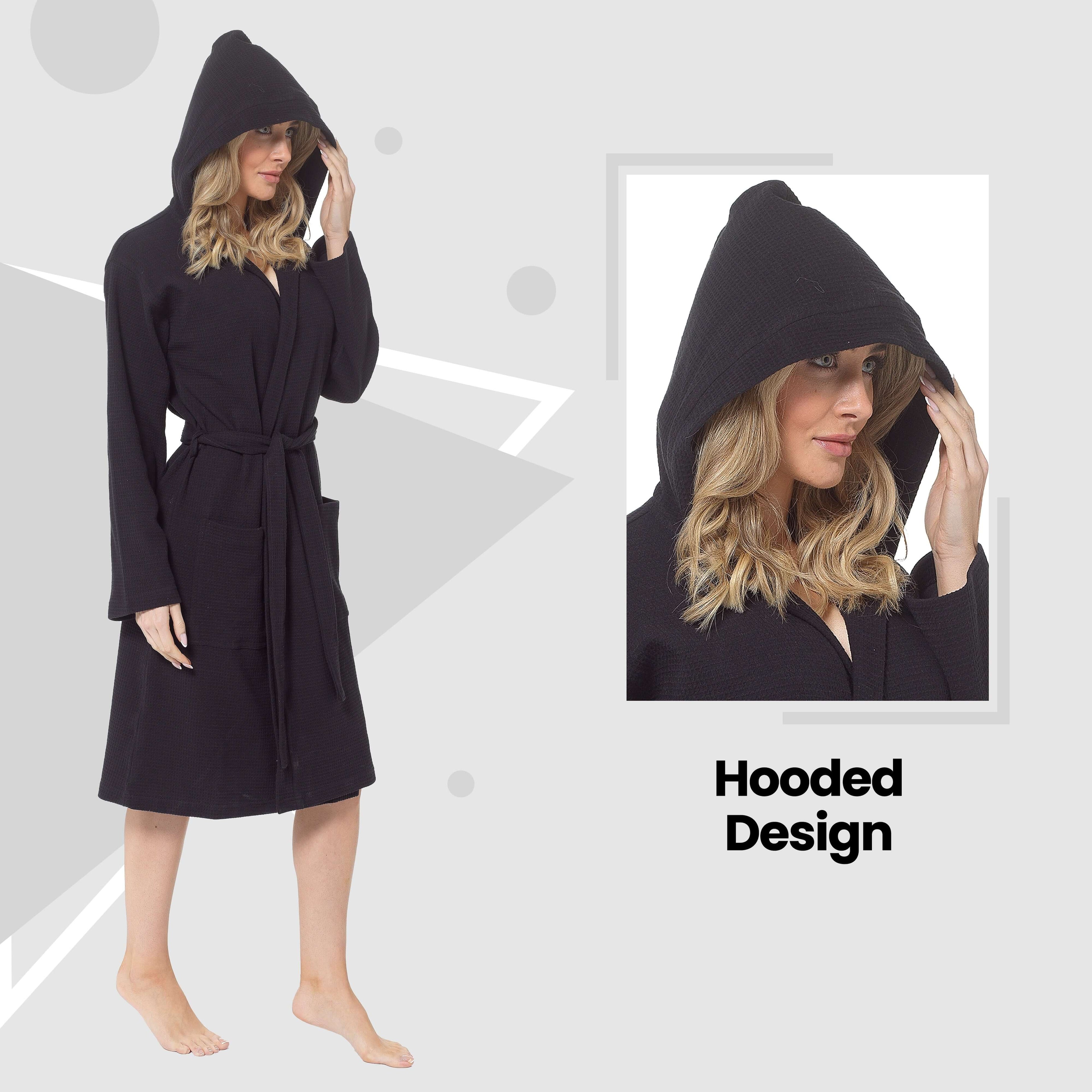 Daisy Dreamer Women's Hooded Waffle Cotton Bathrobe Black 100% Cotton Super Absorbent Spa