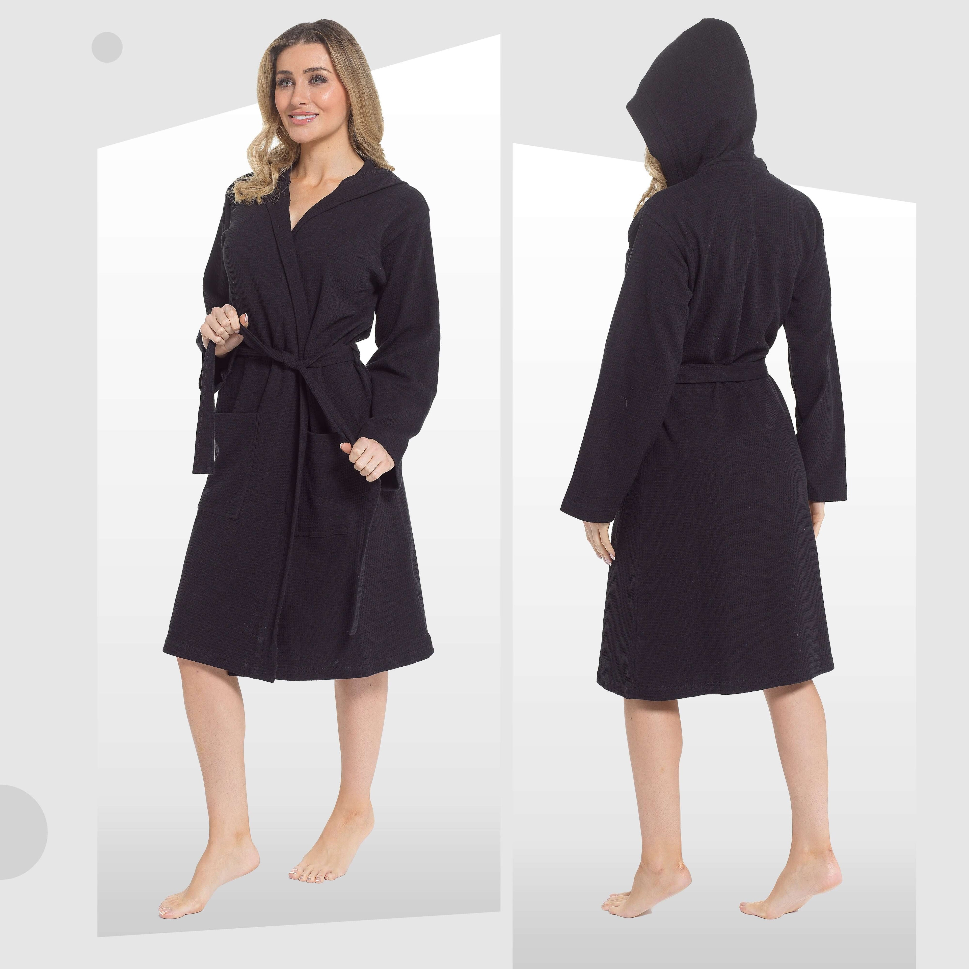 Daisy Dreamer Women's Hooded Waffle Cotton Bathrobe Black 100% Cotton Super Absorbent Spa