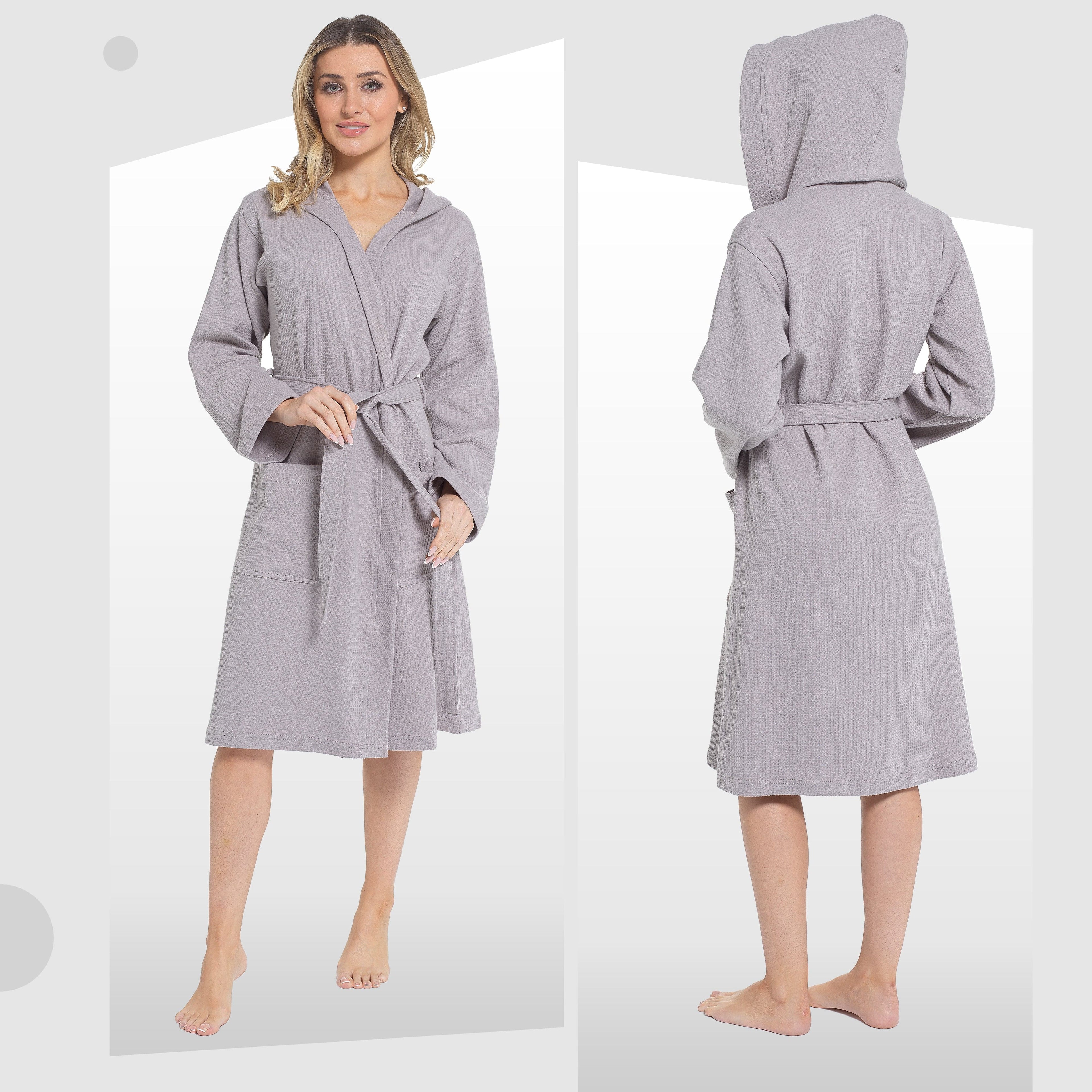 Daisy Dreamer Women's Hooded Waffle Cotton Bathrobe 100% Cotton Grey Super Absorbent
