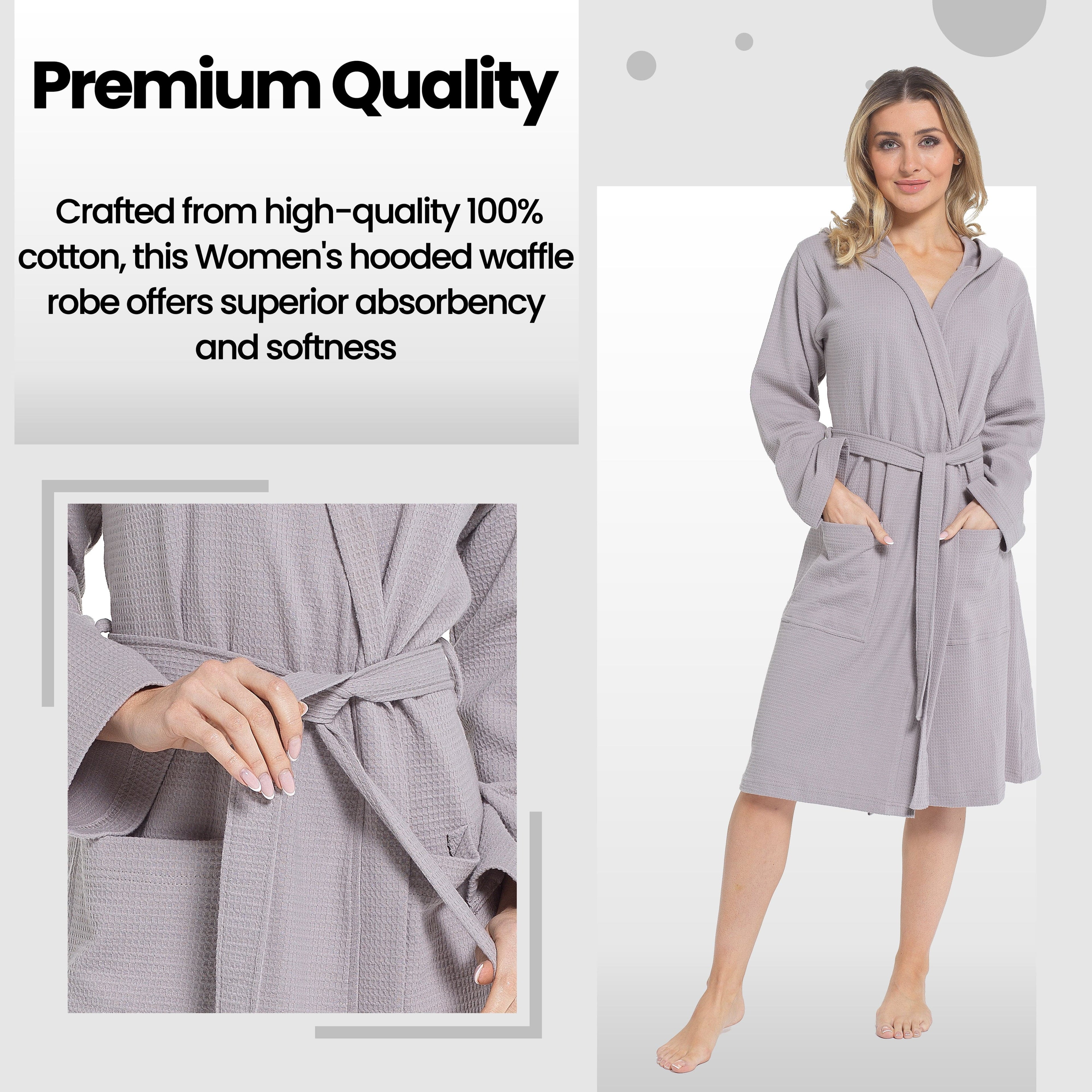 Daisy Dreamer Women's Hooded Waffle Cotton Bathrobe 100% Cotton Grey Super Absorbent