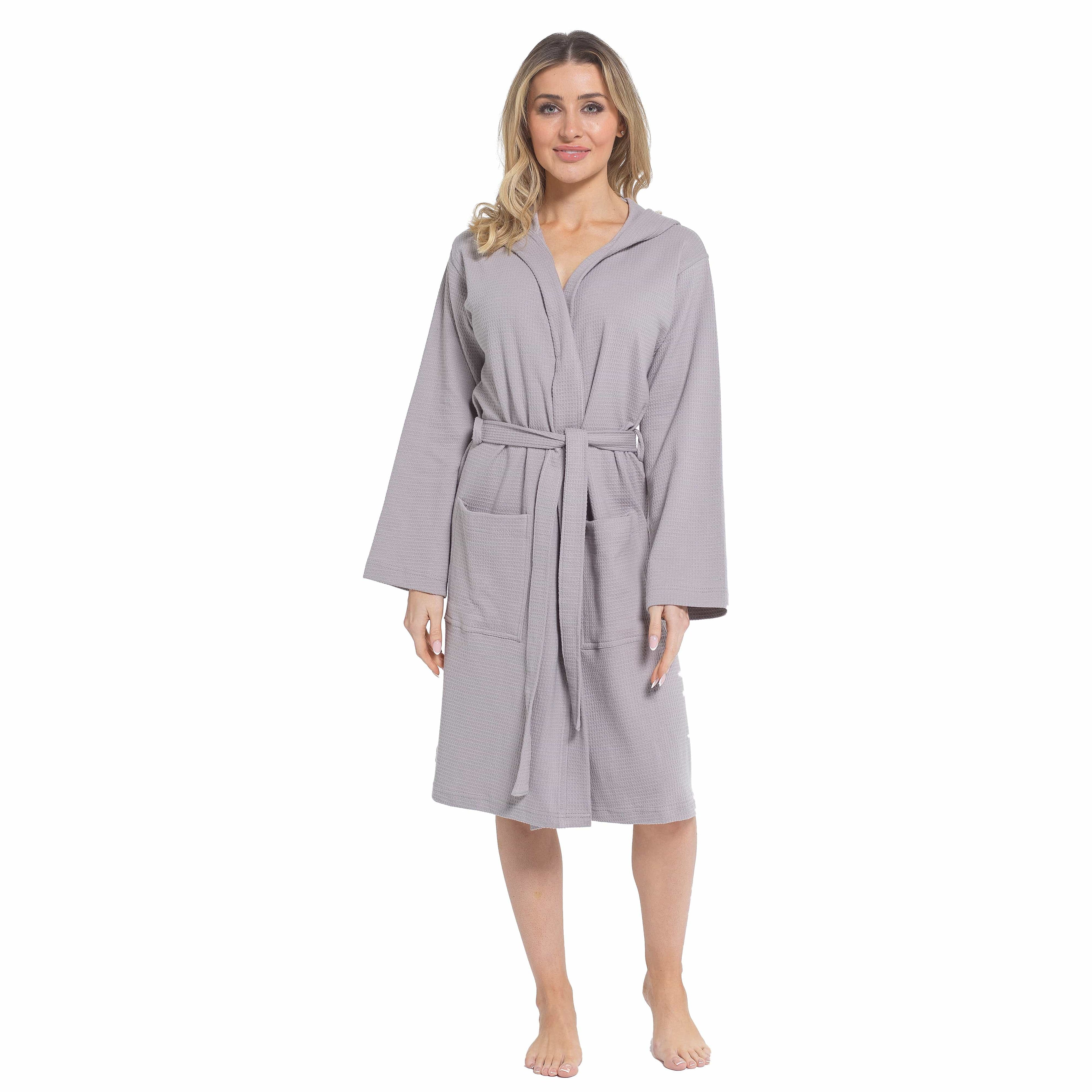 Daisy Dreamer Women's Hooded Waffle Cotton Bathrobe 100% Cotton Grey Super Absorbent