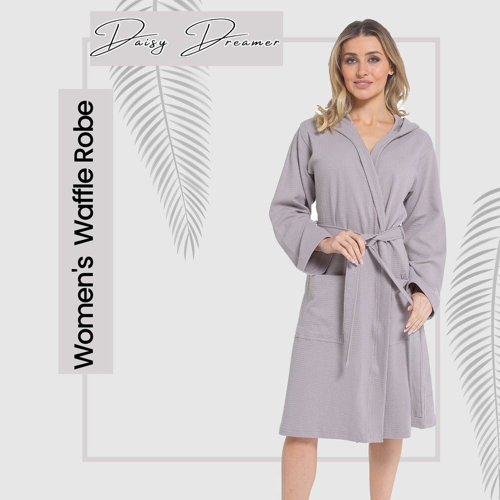 Daisy Dreamer Women's Hooded Waffle Cotton Bathrobe 100% Cotton Grey Super Absorbent