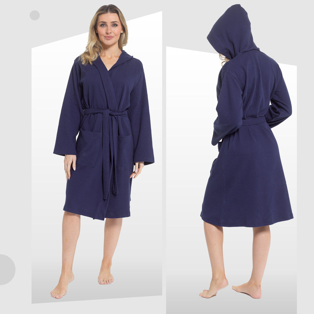 Daisy Dreamer Women's Hooded Waffle Cotton Bathrobe Navy 100% Cotton Absorbent Spa