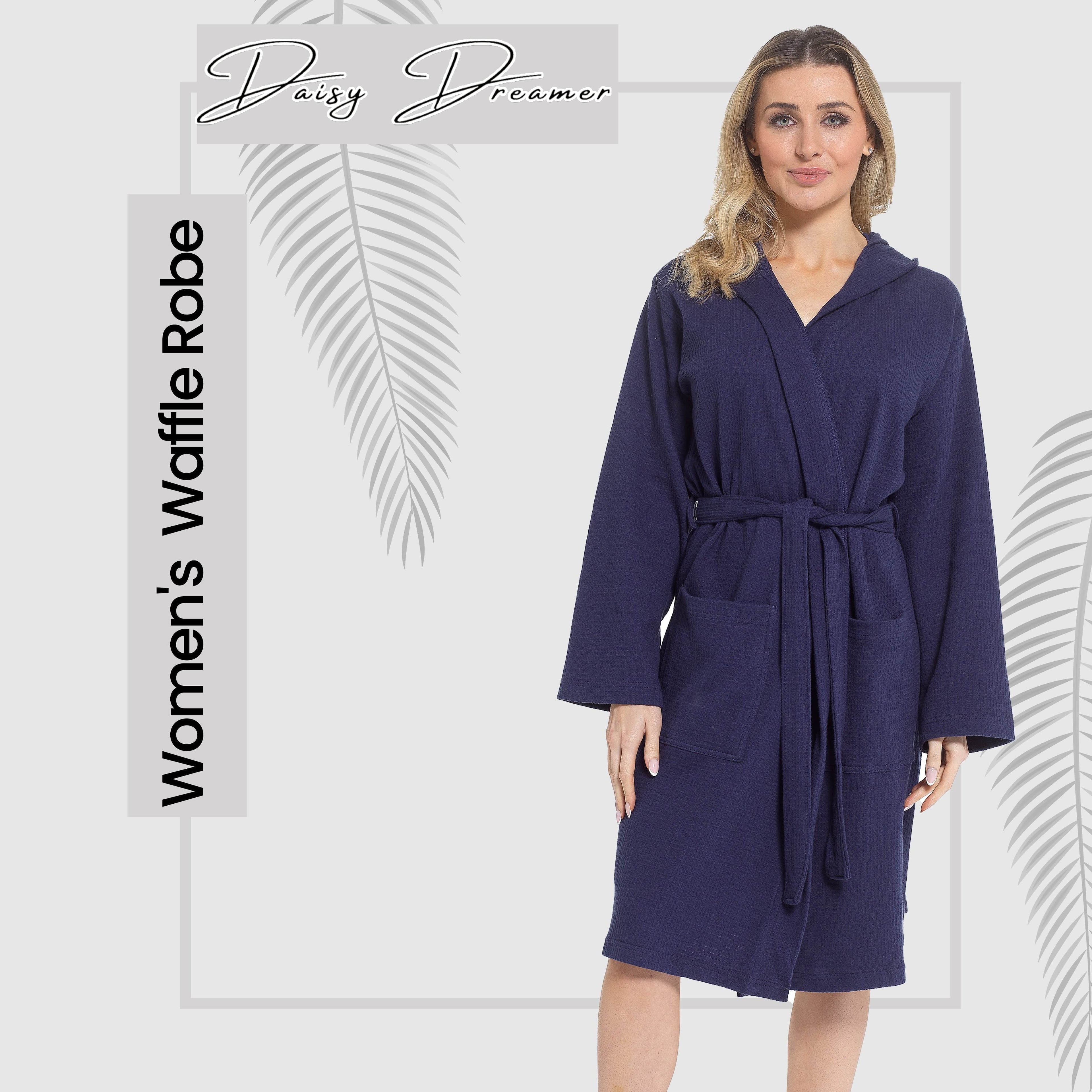 Daisy Dreamer Women's Hooded Waffle Cotton Bathrobe Navy 100% Cotton Absorbent Spa
