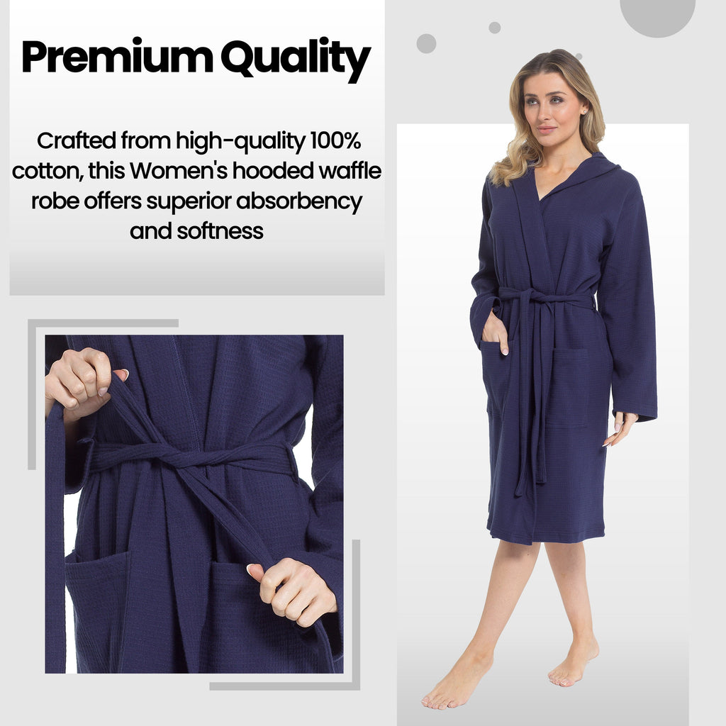 Daisy Dreamer Women's Hooded Waffle Cotton Bathrobe Navy 100% Cotton Absorbent Spa