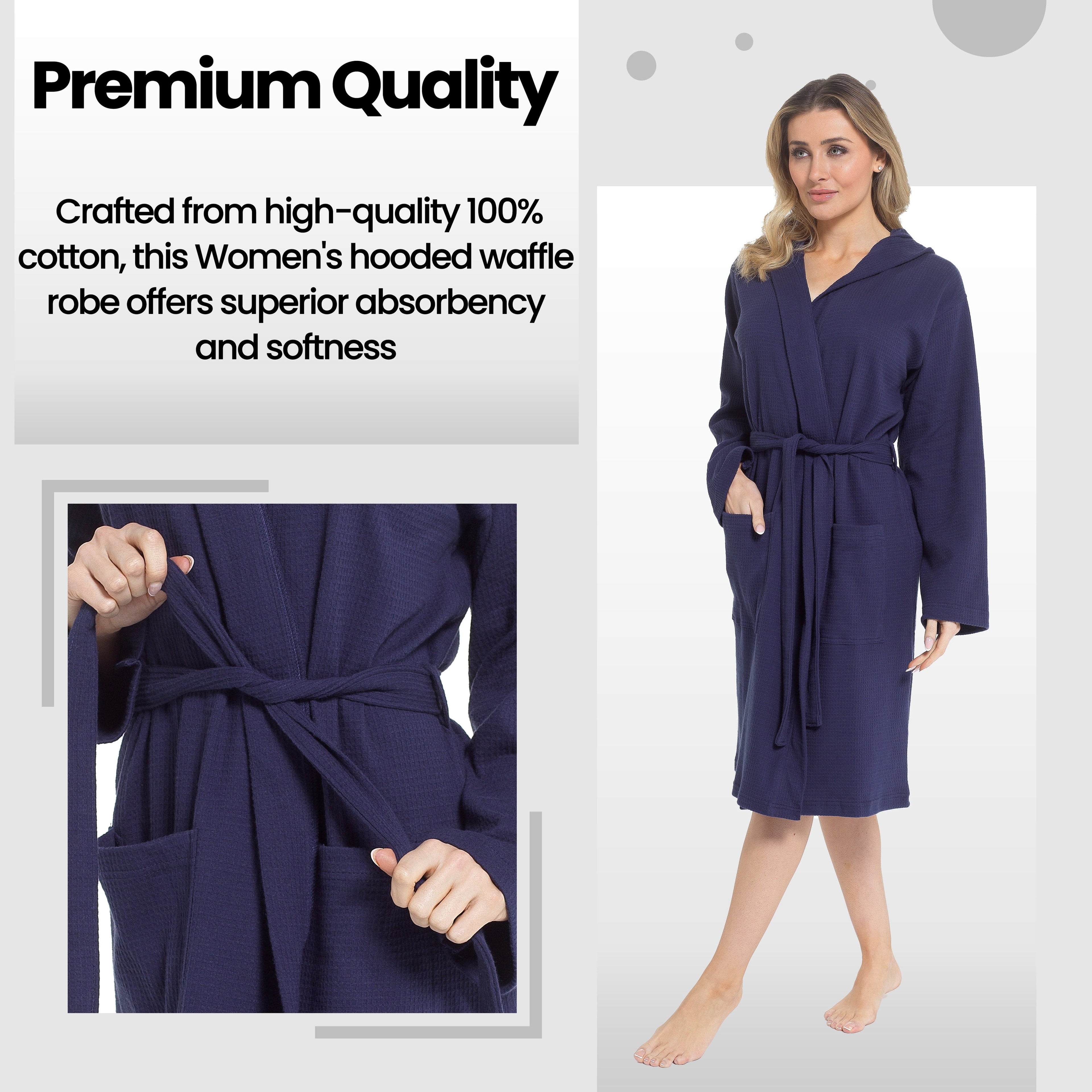 Daisy Dreamer Women's Hooded Waffle Cotton Bathrobe Navy 100% Cotton Absorbent Spa
