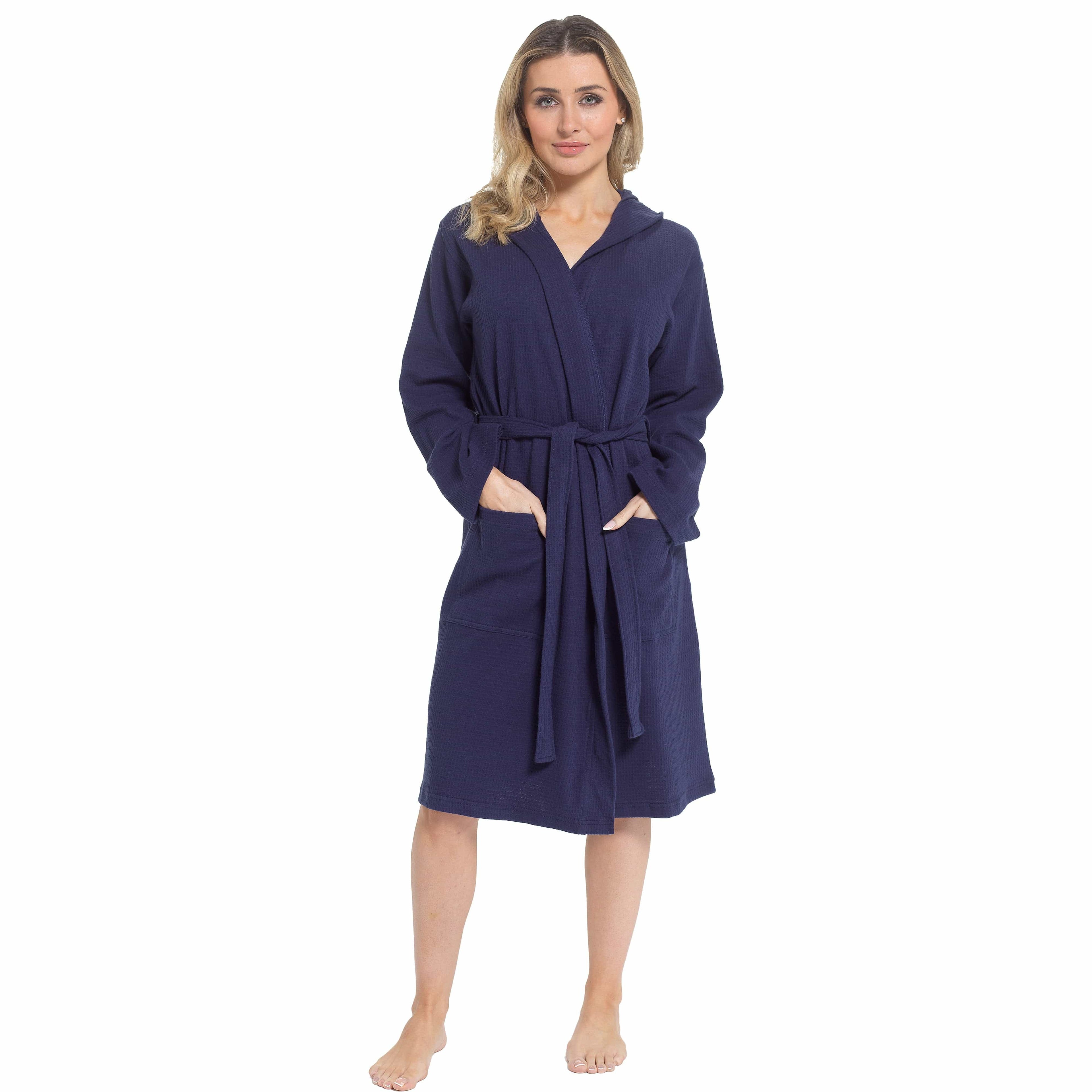 Daisy Dreamer Women's Hooded Waffle Cotton Bathrobe Navy 100% Cotton Absorbent Spa
