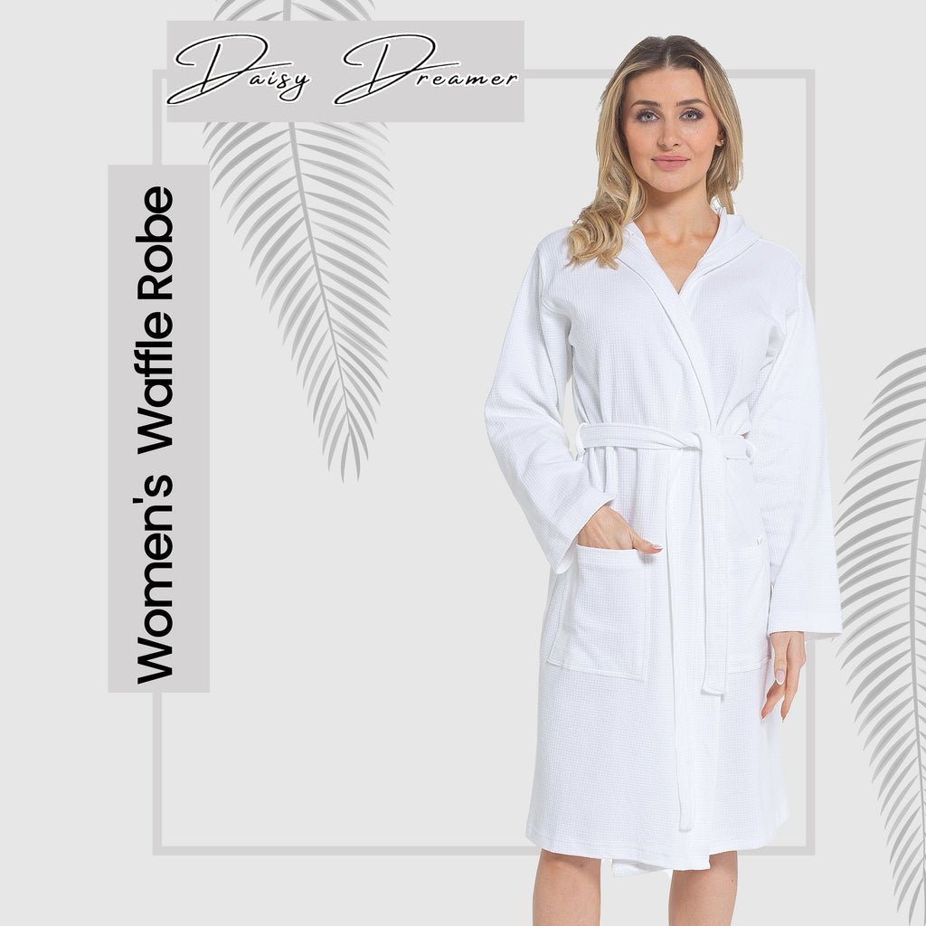 Daisy Dreamer Womens Hooded Waffle Cotton Bathrobe White 100% Cotton Super Absorbent Spa