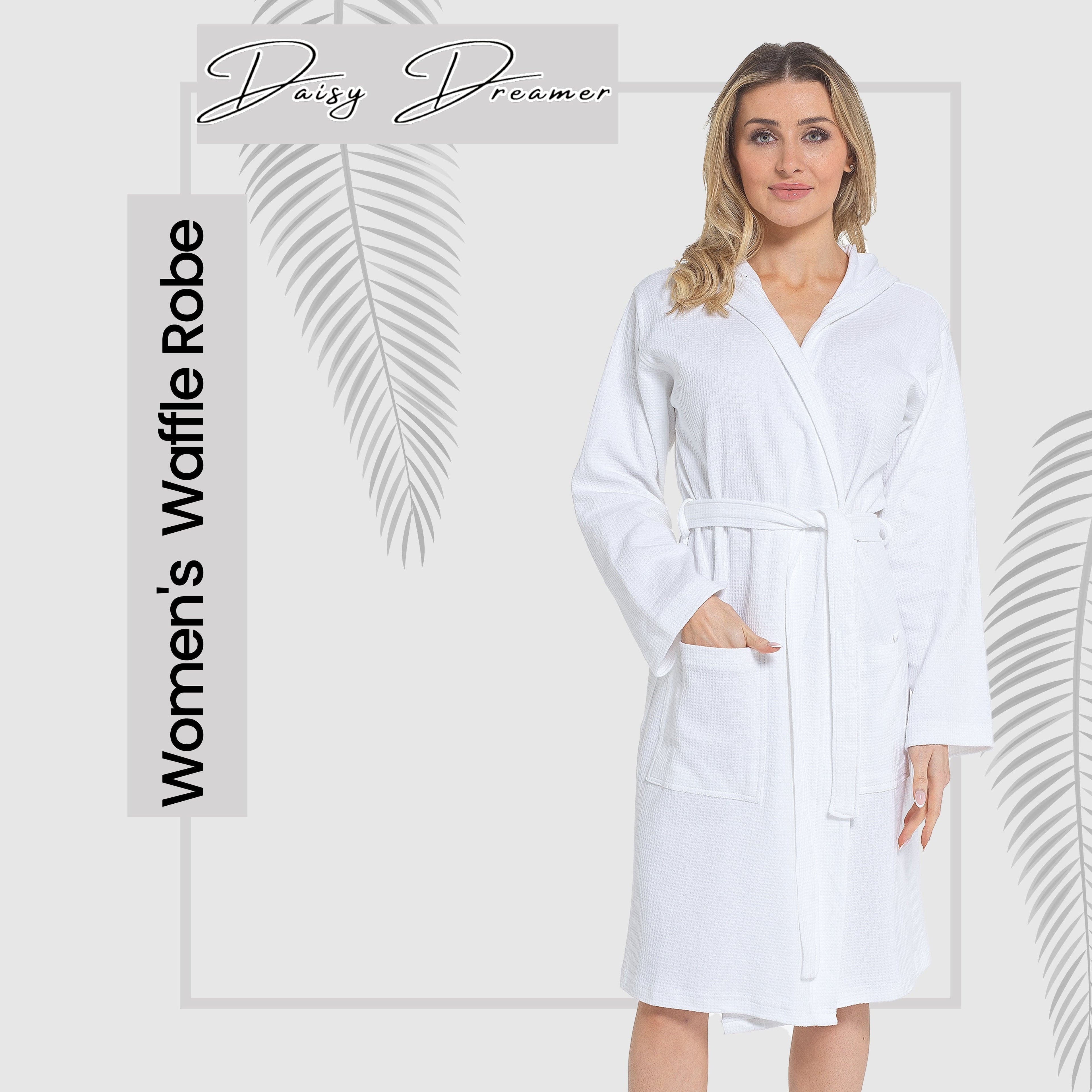 Daisy Dreamer Womens Hooded Waffle Cotton Bathrobe White 100% Cotton Super Absorbent Spa