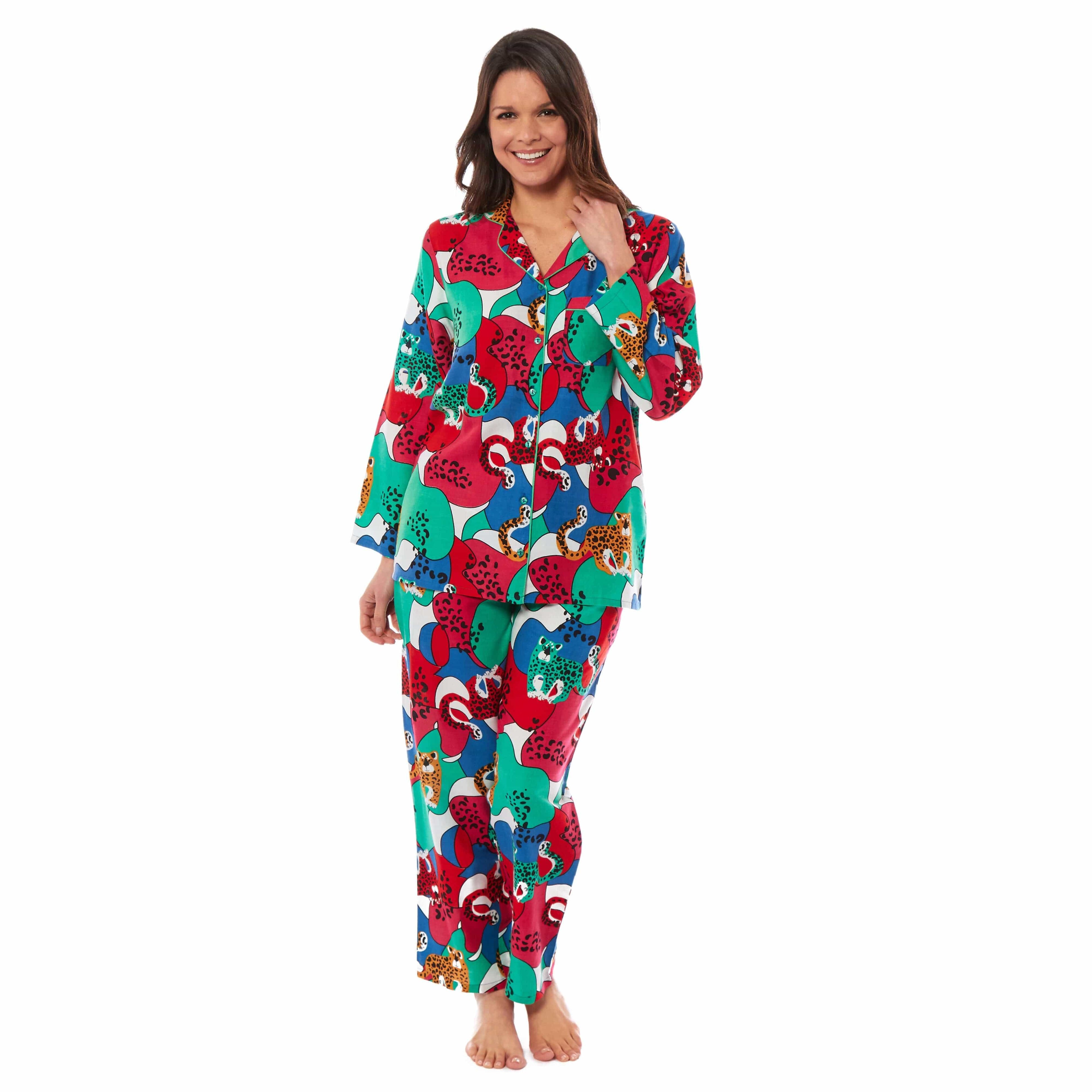 Daisy Dreamer Pyjama Set Women's Leopard Print Long Button Up Soft Breathable Viscose Easy-Care Cotton Rich Sleep Set