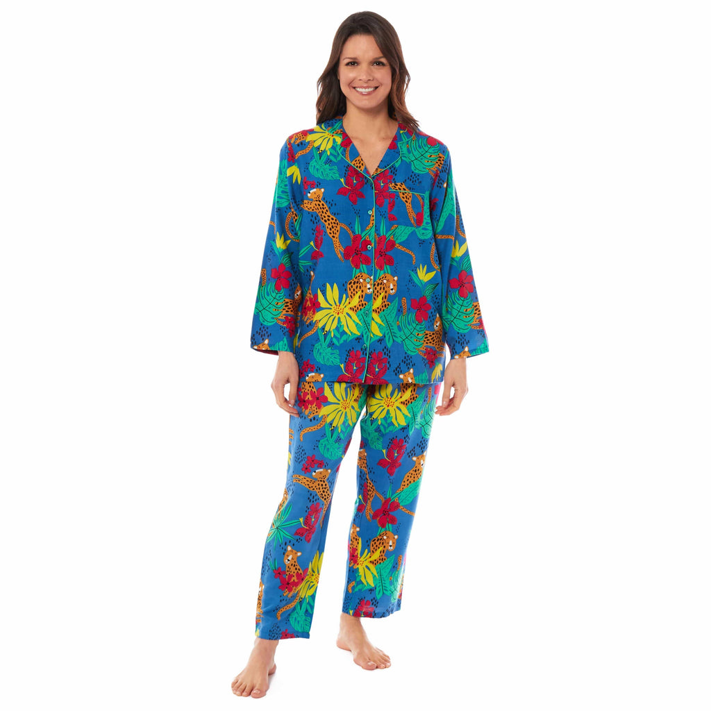 Daisy Dreamer Pyjama Set Women's Leopard Print Long Button Up Soft Breathable Viscose Easy-Care Cotton Rich Sleep Set