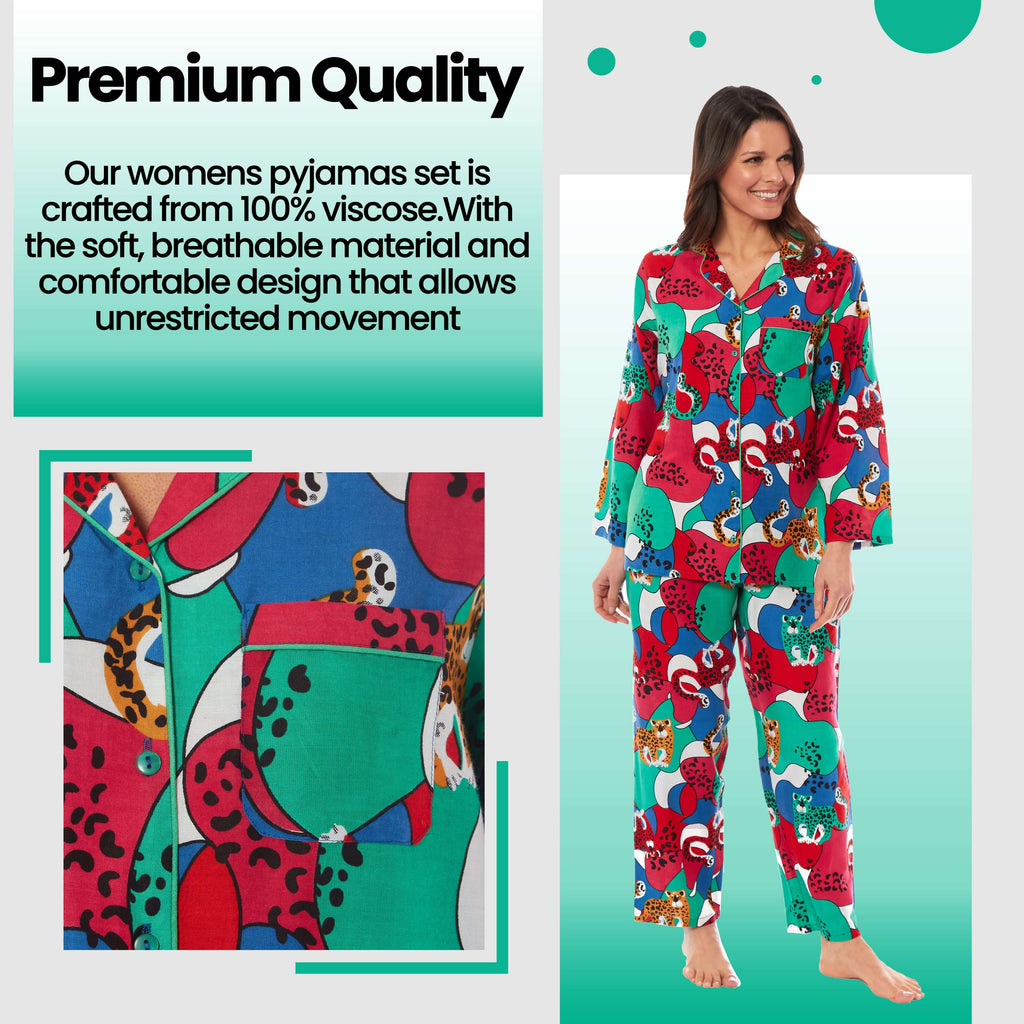 Daisy Dreamer Pyjama Set Women's Leopard Print Long Button Up Soft Breathable Viscose Easy-Care Cotton Rich Sleep Set