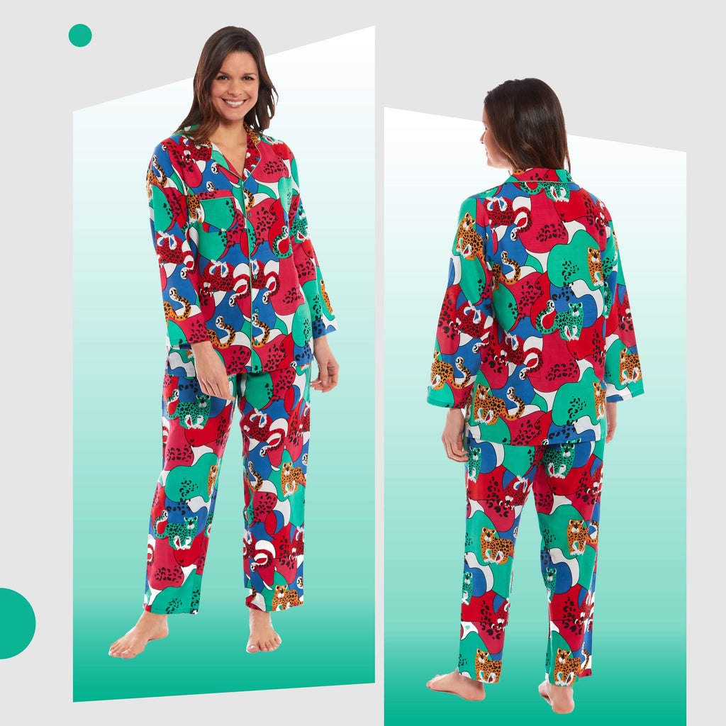 Daisy Dreamer Pyjama Set Women's Leopard Print Long Button Up Soft Breathable Viscose Easy-Care Cotton Rich Sleep Set