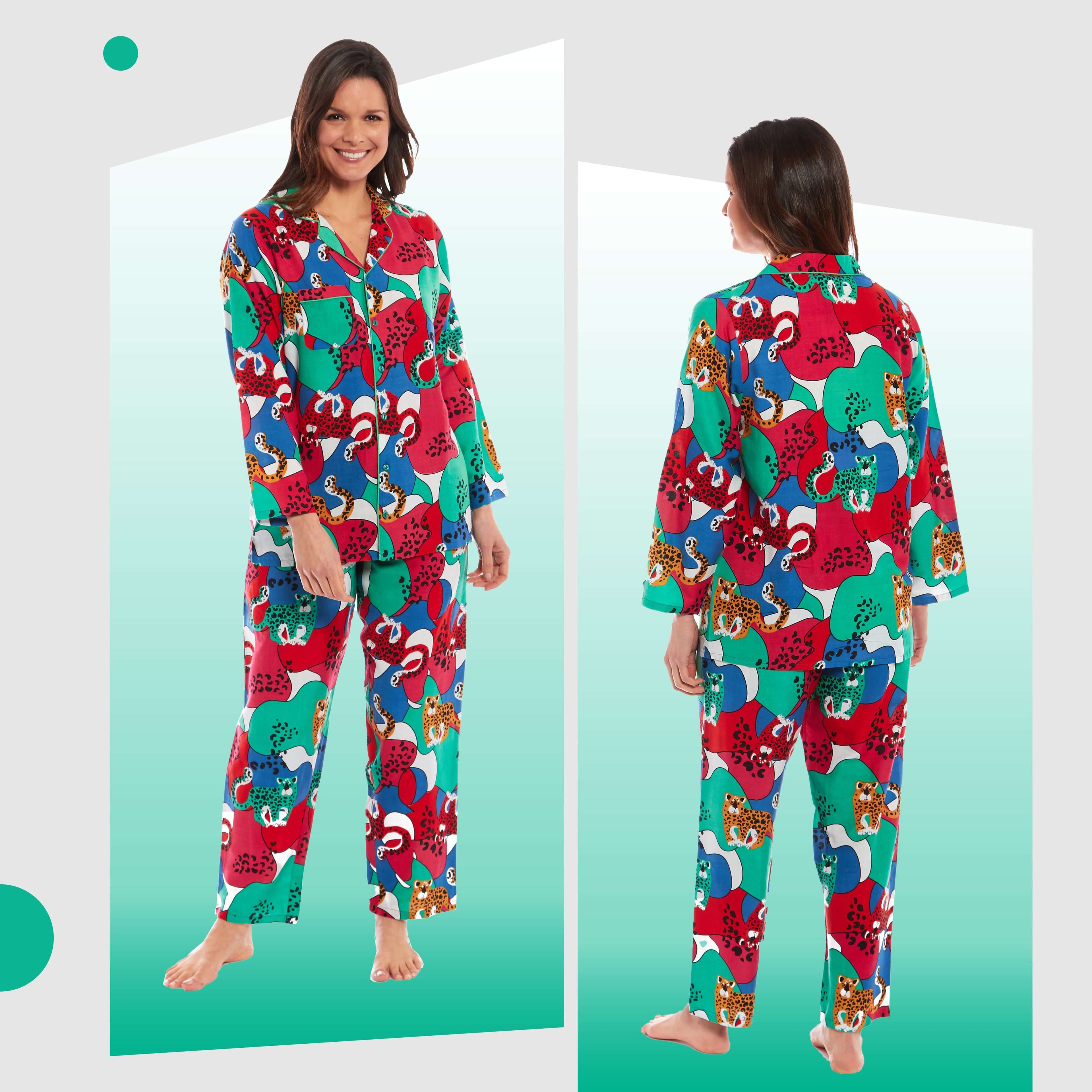 Daisy Dreamer Pyjama Set Women's Leopard Print Long Button Up Soft Breathable Viscose Easy-Care Cotton Rich Sleep Set