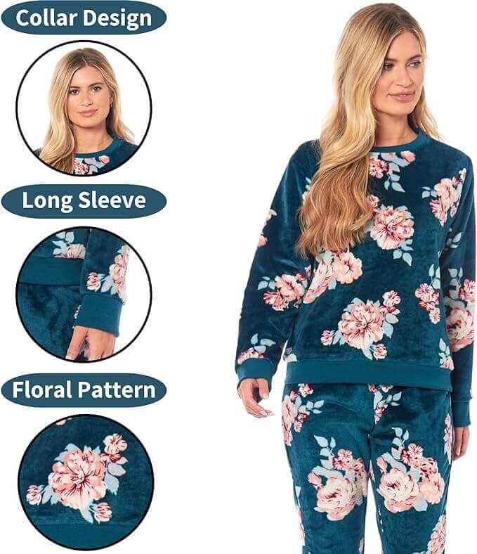 Daisy Dreamer Women's Floral Fleece Pyjama Set With Long Sleeve Top And Elastic Waist