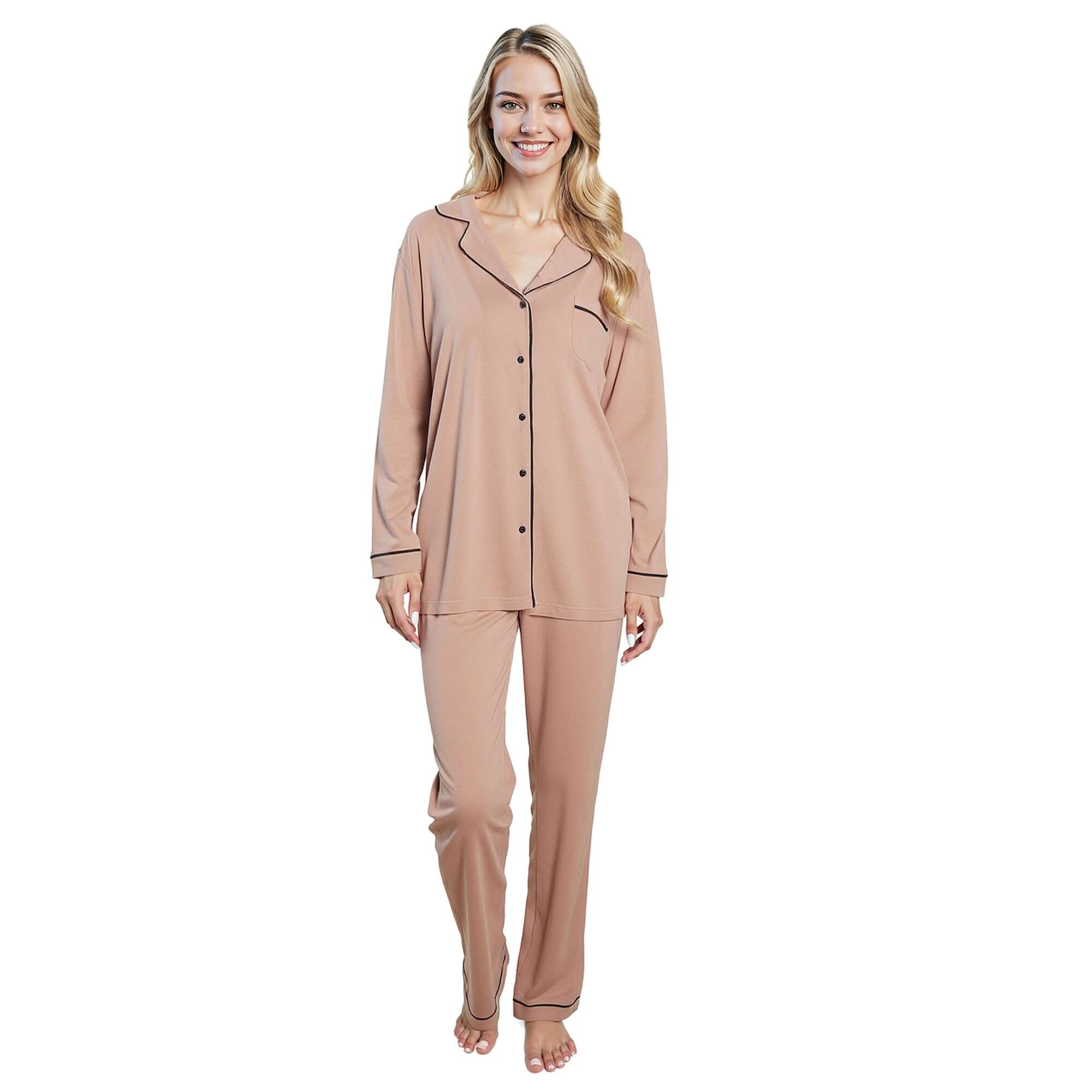 Daisy Dreamer Womens Natural Pyjama Set Soft Touch Fabric Long Sleeve Top Easy Care