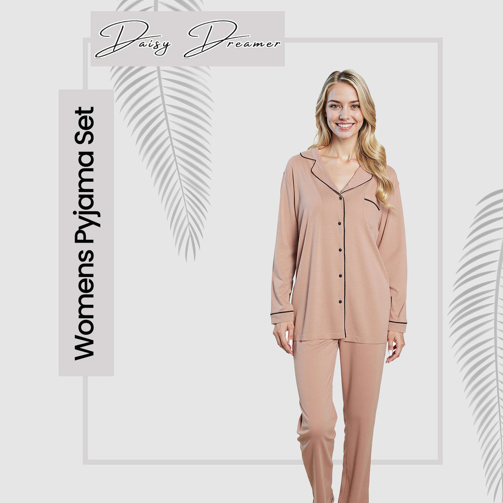 Daisy Dreamer Womens Natural Pyjama Set Soft Touch Fabric Long Sleeve Top Easy Care
